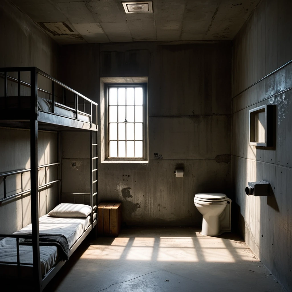 A dimly lit prison cell with cold, gray concrete walls, a small barred window letting in a faint beam of light, and a bunk bed with a steel frame and thin, worn mattresses stacked one above the other. A simple steel toilet is positioned in the corner, and a scratched wooden desk sits nearby. The atmosphere feels oppressive and isolated, with shadows casting stark contrasts on the walls. The floor is cracked and uneven, and faint graffiti etched into the walls hints at the stories of previous occupants. The room exudes a sense of confinement and solitude.