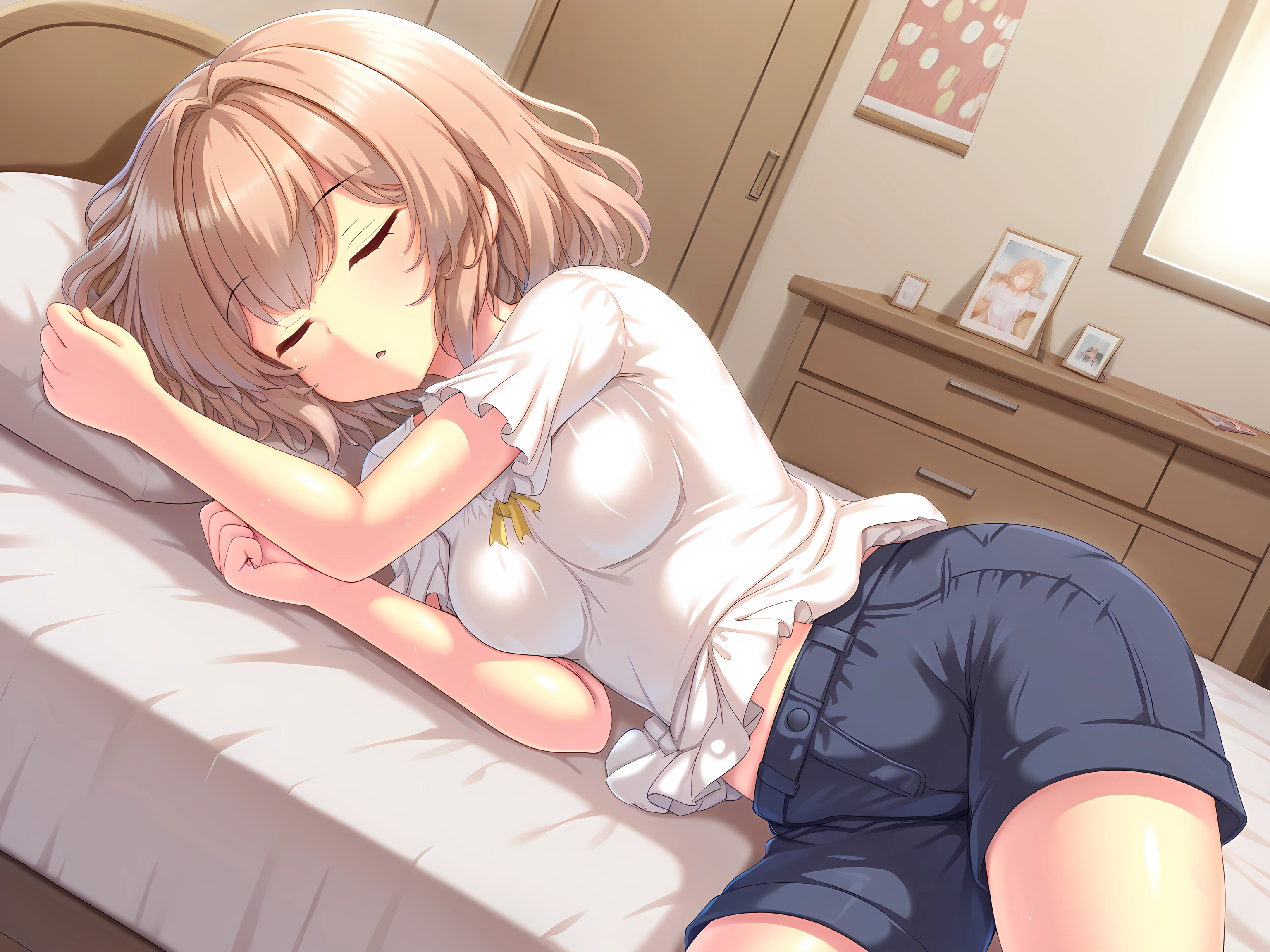 1girl,solo,arisu,casual outfit,indoors,cowboy shot,bedroom,on bed,sleeping,<lora:Yumegishi_Arisu_-_Yamizome_Liberator_-_Escude:1>,medium breasts,, masterpiece,best quality,amazing quality,