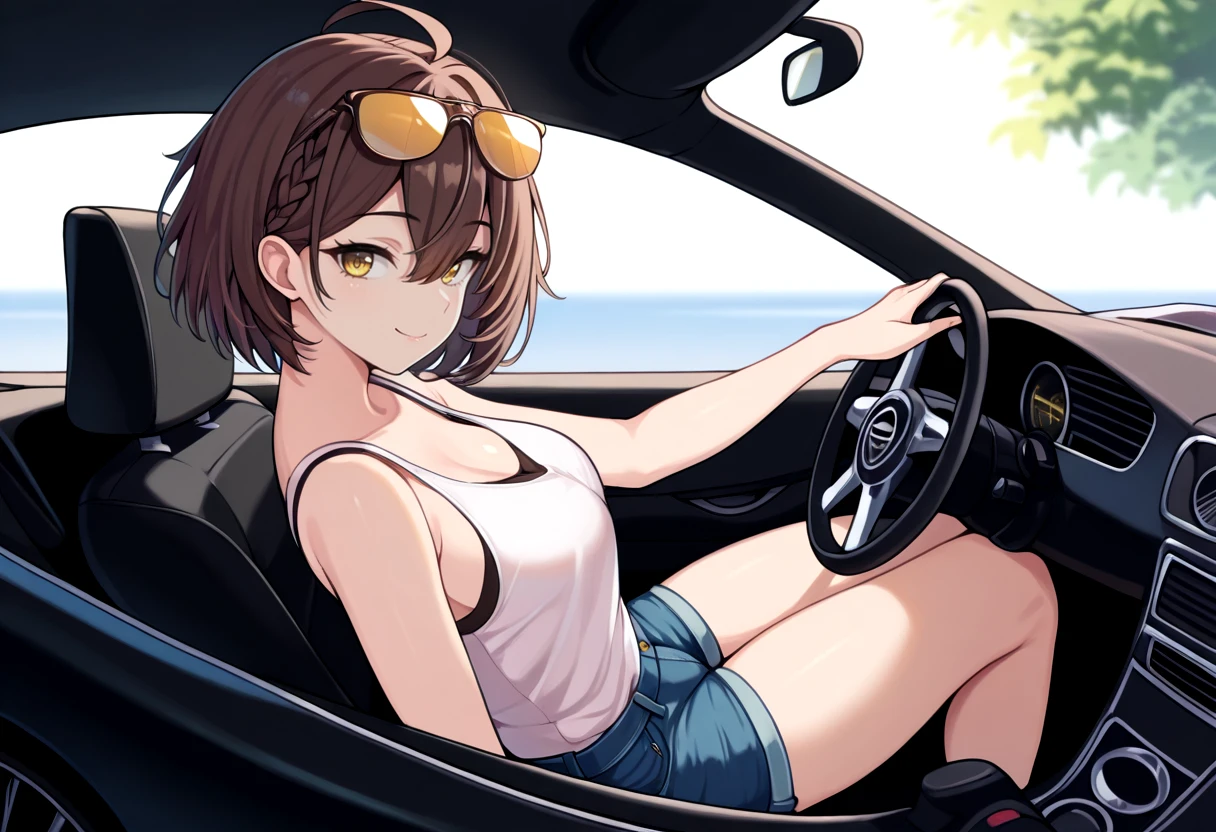 masterpiece, best quality, 1girl, solo,   <lora:Baltimore-AIO-initiumtest-000016:1>, brown hair, yellow eyes, braid, hair between eyes, ahoge,  denim shorts,  tank top,  from side, short hair, eyewear on head, sunglasses, convertible, black car, driving, looking at viewer, smile,