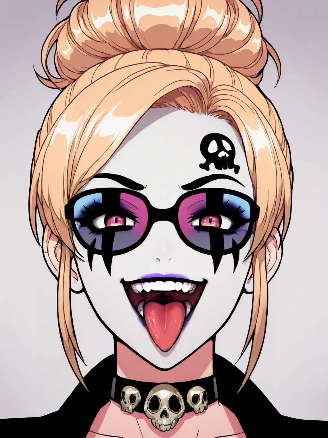 masterpiece, best quality,vector art,
cowboy shot,looking at viewer,1girl,solo,smile,
edgK1ZZ,  looking at viewer, open mouth,  blonde hair,  teeth, tongue, tongue out,  portrait, wearing black edgK1ZZ_(facepaint, makeup, facial marks),updo,sunglasses,skull symbol choker,
 <lora:edgIWMFLYILS:0.8>