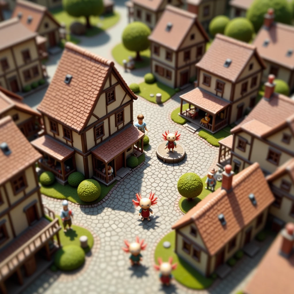 top down tilt shift image of a village with tiny medieval anthropomorphized axolotls with pink frilly gills dressed in little medieval villager outfits walking around in a town square<lora:Axomodel_Flux_V2.safetensors:0.85:0.85>