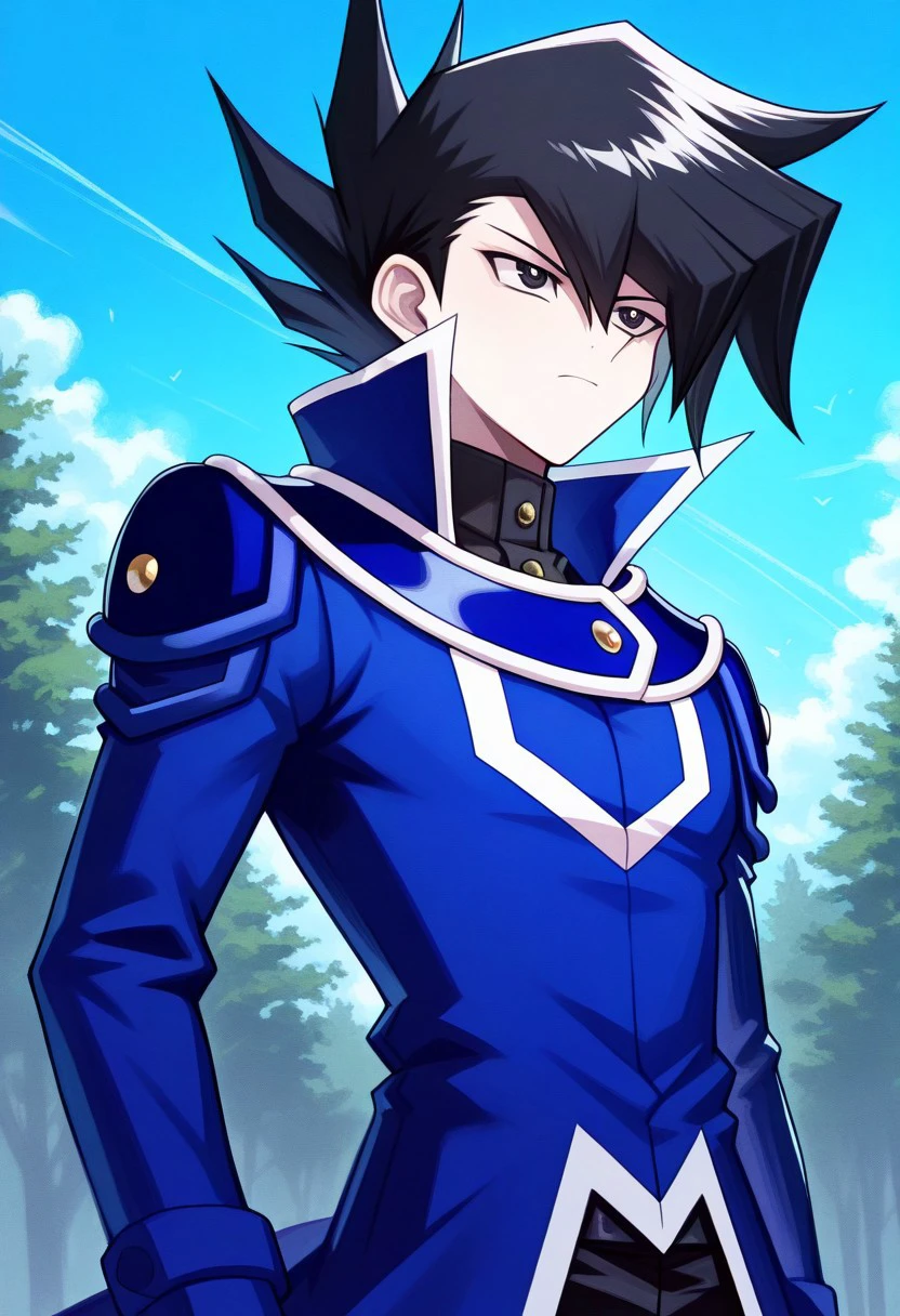 masterpiece, best quality, 
chazzgx, 1boy, male focus, solo, black eyes, black hair, spiked hair, hair between eyes, duel academy uniform (yu-gi-oh! gx), obelisk blue uniform, shirt, black shirt, turtleneck, coat, blue coat, long sleeves,
outdoor, sky,