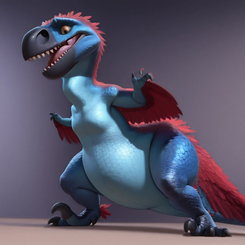 <lora:Gertie_IL:1>, Gertie, furry, female, chubby, feathered dinosaur, dinosaur, bipedal, blue scales, large beak, light-blue underbelly, red feathers, feathered wings, sharp claws, big muzzle, black beak, detailed background, open mouth, sweaty, sharp teeth, realistic,  <lora:Mega_Scally_for_Illustrious_XL:0.8>, licking lips, squating