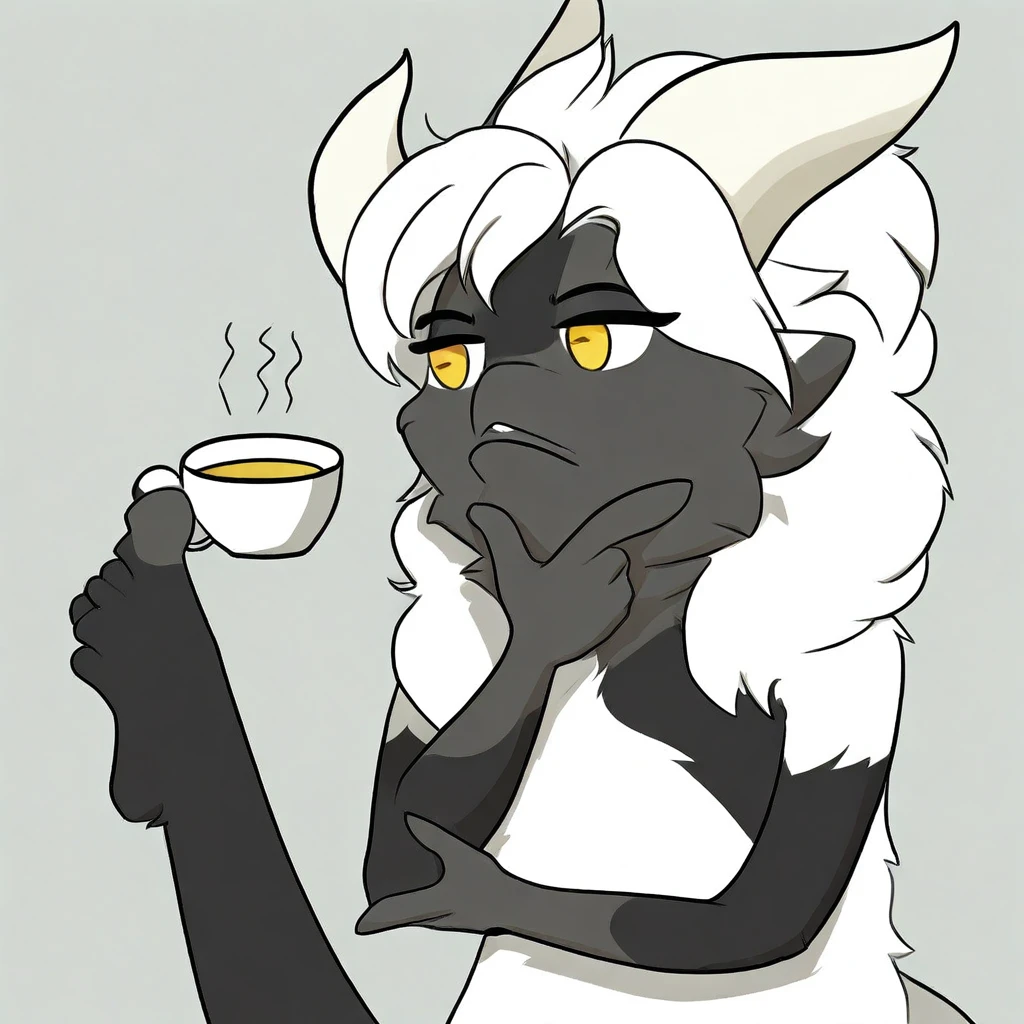 mikus-concept, thinking pose, hand on chin, foot holding cup, upper body, furry, anthropomorphic, anthro, black fur, dragon, white hair, white horns, yellow eyes