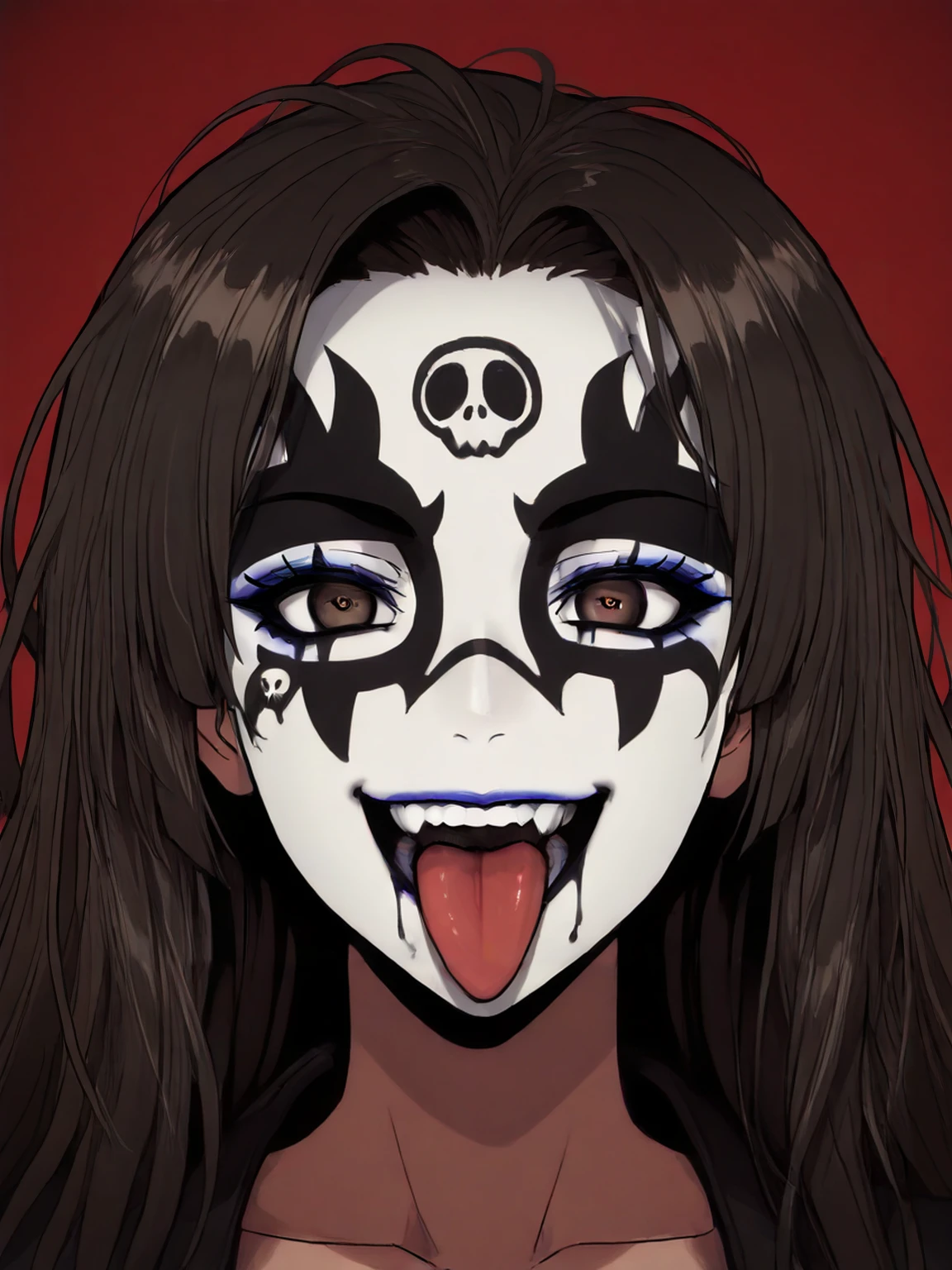 masterpiece, best quality,vector art,
cowboy shot,looking at viewer,1girl,solo,smile,
edgK1ZZ,  looking at viewer, open mouth,  brown eyes,  teeth, tongue, tongue out,  portrait, wearing black edgK1ZZ_(facepaint, makeup, skull symbol facial marks),
 <lora:edgIWMFLYILS:0.85>