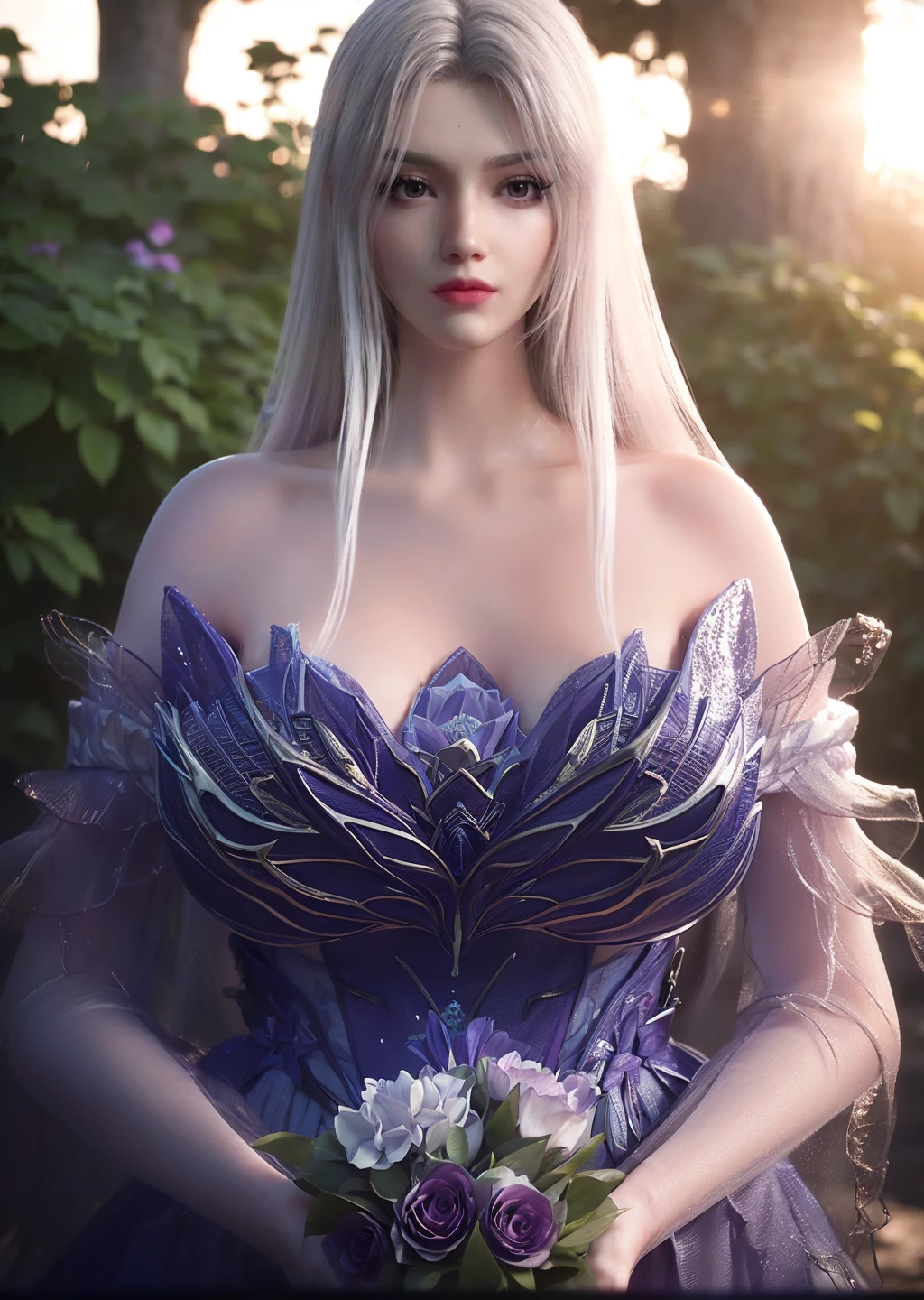 1girl,solo,white long hair,makeup,lipstick,((gigantic breasts:1.3)),dress,(looking at viewer),outdoors,rose,((sunlight)),((glowing)),(upper body),depth of field,Highly detailed,(ultra-detailed),(best quality:1.5,masterpiece:1.5),<lora:softlight-000010:1:lbw=TEST>,<lora:xiaoyixian:0.85>,<lora:æè£å¢å:-1>,