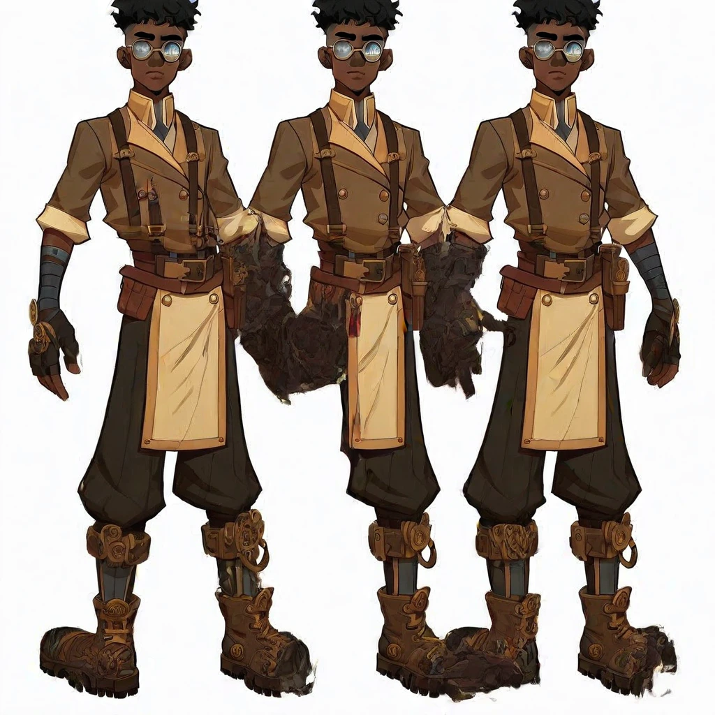 Glasses, belt, gloves, dark-skinned male, solo, brown gloves, Jabari, dark skin, boots, Suspenders, Mechanist boots, Mechanist gloves, brown shirt, black hair