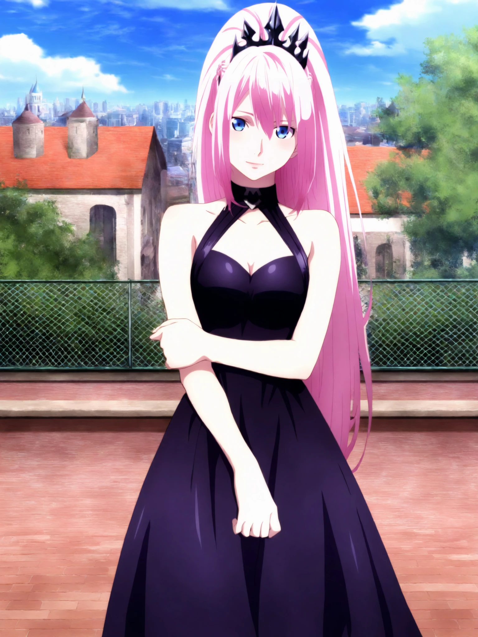 masterpiece,best quality,selie, 1girl, anime coloring, solo,6_Shionne_01B_Black_Dress_ThornsDress, shionne 01b, pale skin, (long hair),  pink hair(blue eyes), black dress, dress 1girl, solo, breasts, looking at viewer, dress, bare shoulders, closed mouth, standing, full body, pink hair, sleeveless, sleeveless dress, crown, purple dress, ,light smile, hand in front ,floating hair, rooftop, chain-link fence,  bright day , blue sky (A bustling city street bathed in crisp morning light at 10 a.m., with vibrant shadows and a clear sky:1.3),  <lora:Shionne_Black_Dress:1.1>