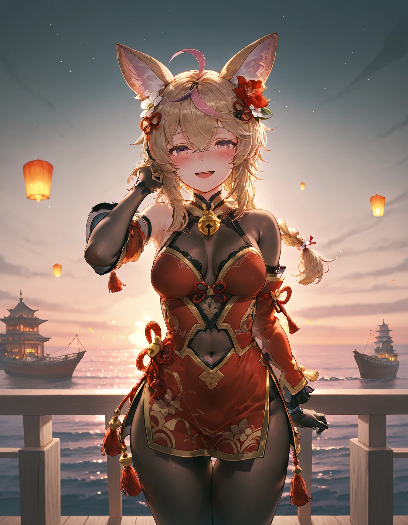 masterpiece, best quality, amazing quality,  
 <lora:polkaIL:1>, polka, 1girl, ahoge, architecture, balcony, bell, black gloves, braid, red dress, blush, bodystocking, breasts, covered navel, cowboy shot, detached sleeves, dress, east asian architecture, flower, flower knot, gloves, gold trim, hair between eyes, hair flower, hand in own hair, lantern festival, looking at viewer, medium breasts, long hair, neck bell, ocean, open mouth, ship, side slit, sidelocks, sky lantern, smile, solo, standing, tassel, watercraft
 <lora:GBF_Illustrious:1>, gbf_style