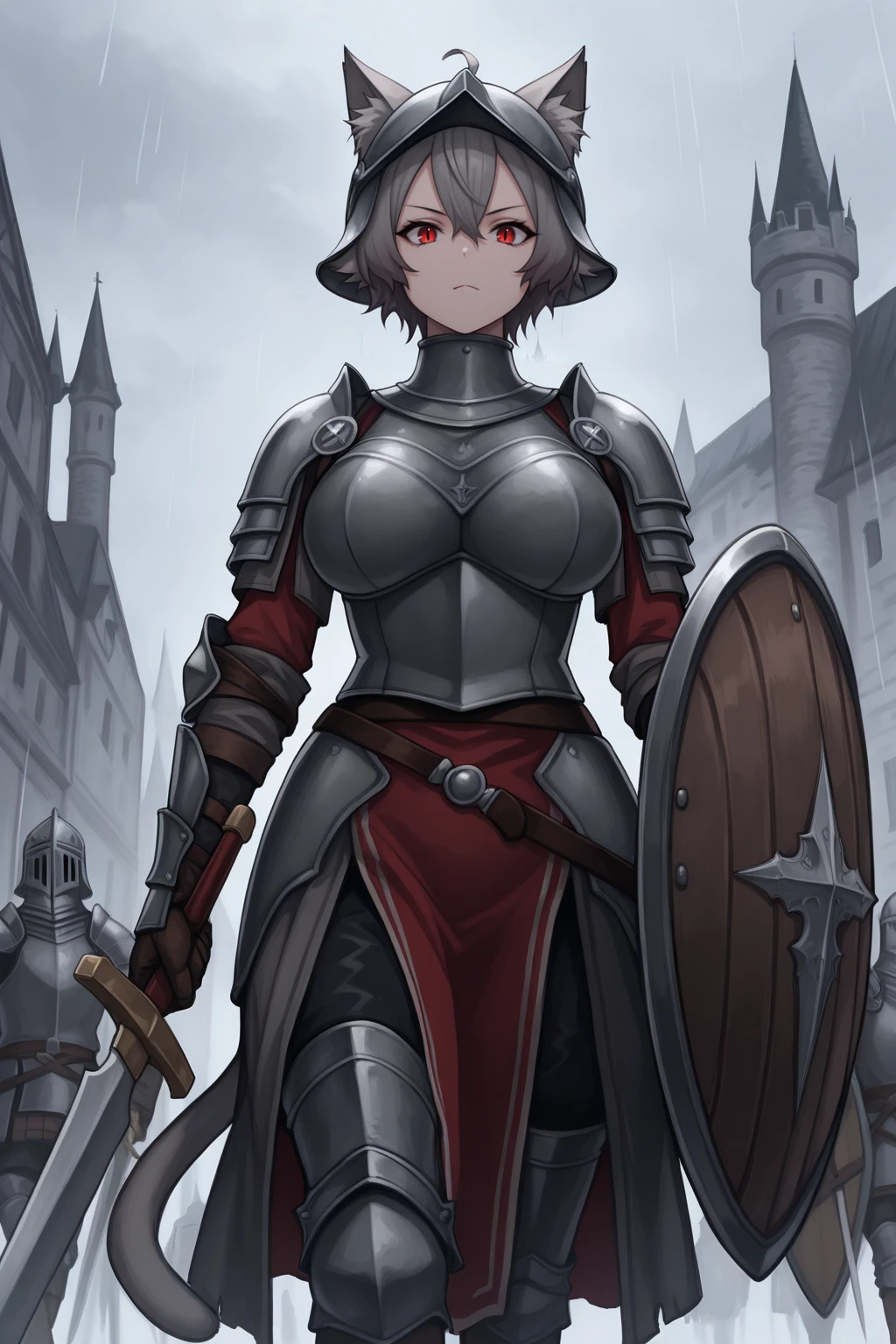 masterpiece, best quality, looking at viewer, serious, 1girl, l1n1a, large breasts, cat ears, animal ear fluff, cat tail, red eyes, slit pupils, short hair, grey hair, hair between eyes, ahoge, helmet, armor, holding sword, holding shield, walking, outdoors, medieval, castle, rain, overcast, <lora:Hoseki_MushokuTensei_LiniaDedoldia_IllustriousXL_v1:1>