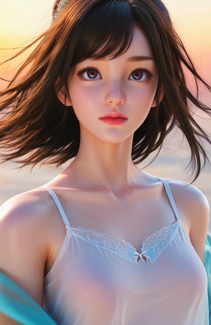 ((masterpiece、top-quality、realisitic、ultra-detailliert、hight resolution、Photorealsitic、foco nítido))、Photographing a beautiful girl from the front、cowboy shot、Focus from the waist up、Plain background、With an oval face and symmetrical facial structure、big eye、soft wavy brown hair、Soft skin、pale white skin、raise your chin slightly、Mouth closed、A slight smil 、Bright light、High color saturation、High contrast