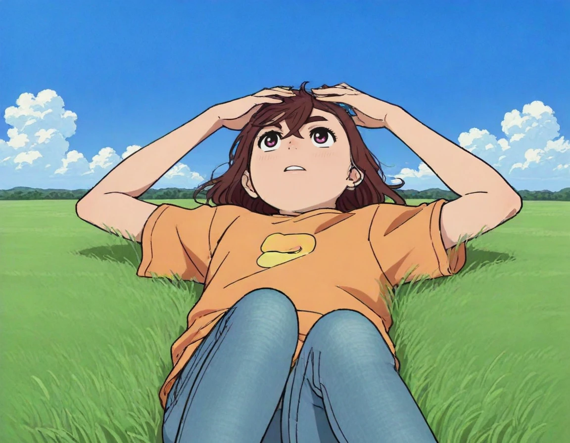 masterpiece, best quality, momo-ayase, 1girl, lying in the grass, hands beneath her head, looking up at the clouds, visible clouds, blue sky, look of curiosity on her face, head tilted, wearing an orange t-shirt and jeans  <lora:momo-locon-300:1.2>