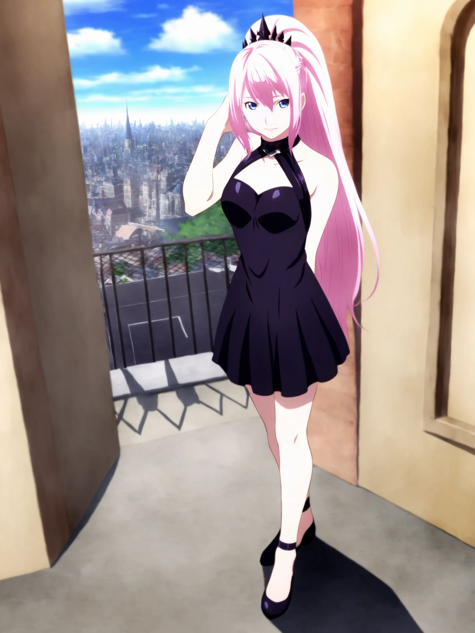 masterpiece,best quality,selie, 1girl, anime coloring, solo,6_Shionne_01B_Black_Dress_ThornsDress, shionne 01b, pale skin, (long hair),  pink hair(blue eyes), black dress, dress 1girl, solo, breasts, looking at viewer, dress, bare shoulders, closed mouth, standing, full body, pink hair, sleeveless, sleeveless dress, crown, purple dress, ,light smile, hand in hair,floating hair, rooftop, chain-link fence,  bright day , blue sky (A bustling city street bathed in crisp morning light at 10 a.m., with vibrant shadows and a clear sky:1.3),  <lora:Shionne_Black_Dress:1.1>