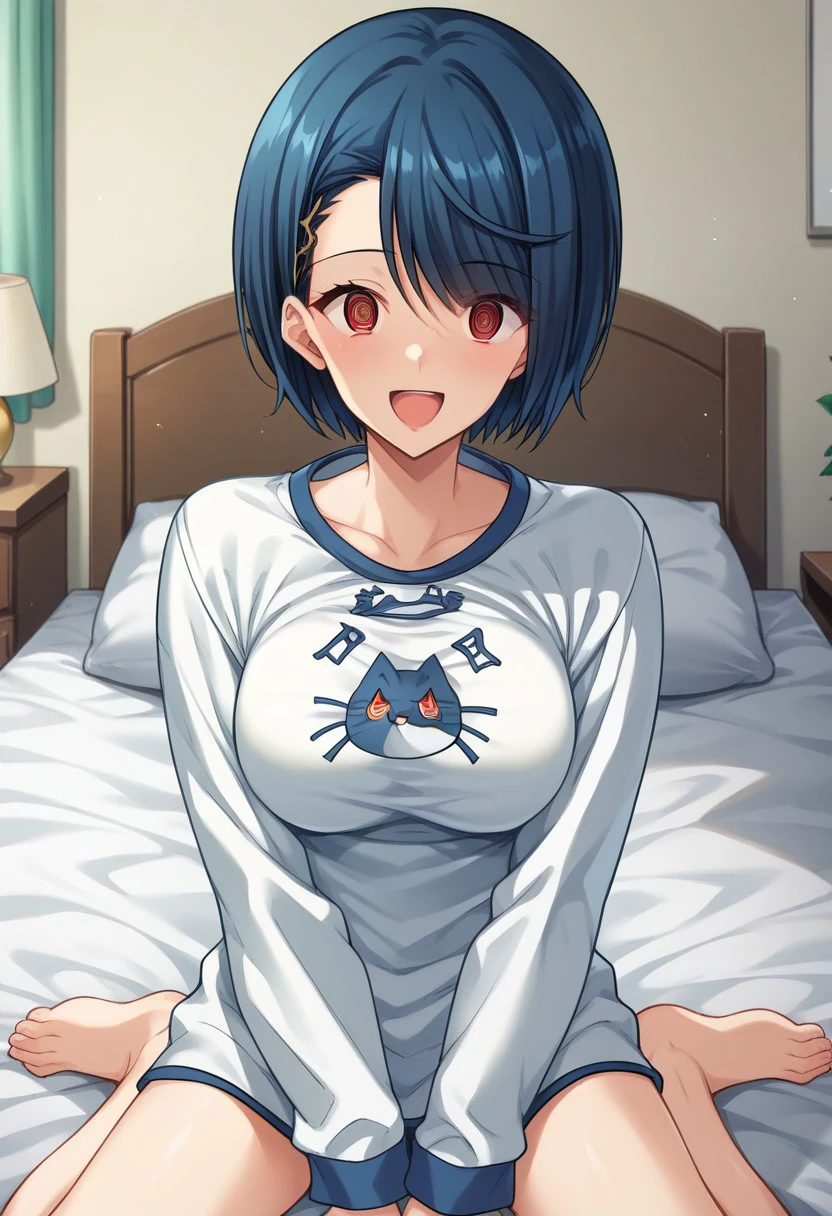 score_9, score_8_up, score_7_up, source_anime, indoors, 1girl, solo,looking at viewer, happy,indoors,medium breasts,Blue hair, short hair, red eyes,hair ornament,hairclip,asymmetrical hair,medium breasts,white pajamas, long sleeves, pajamas, cat print on pajamas,bare legs,sitting on a bed,bedroom,bed,hypnosis mind control,@-@,spiral in the eyes