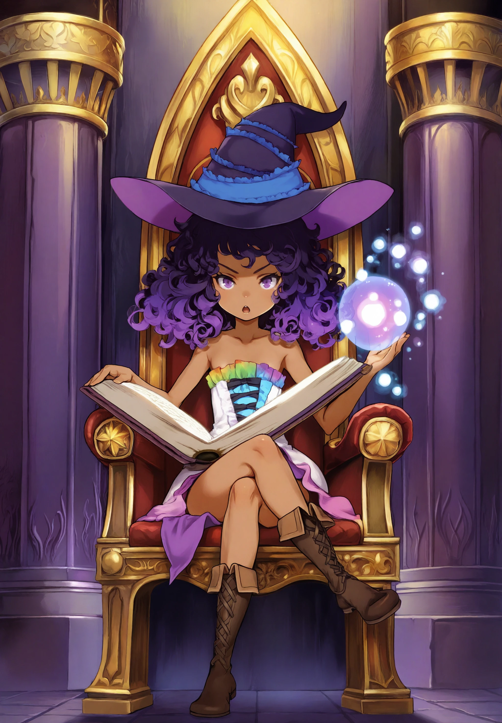 highres,absurdres,masterpiece,best quality,<lora:Vanillaware XL V2>,solo,1girl,child,petite,thin,looking at viewer,full body,serious,open mouth,dark-skinned female,multicolored hair,purple hair,white hair,purple eyes,curly hair,long hair,flat chest,witch hat,purple dress,multicolored dress,bare legs,bare arms,brown boots,throne room,magic,holding book,sitting,crossed legs,