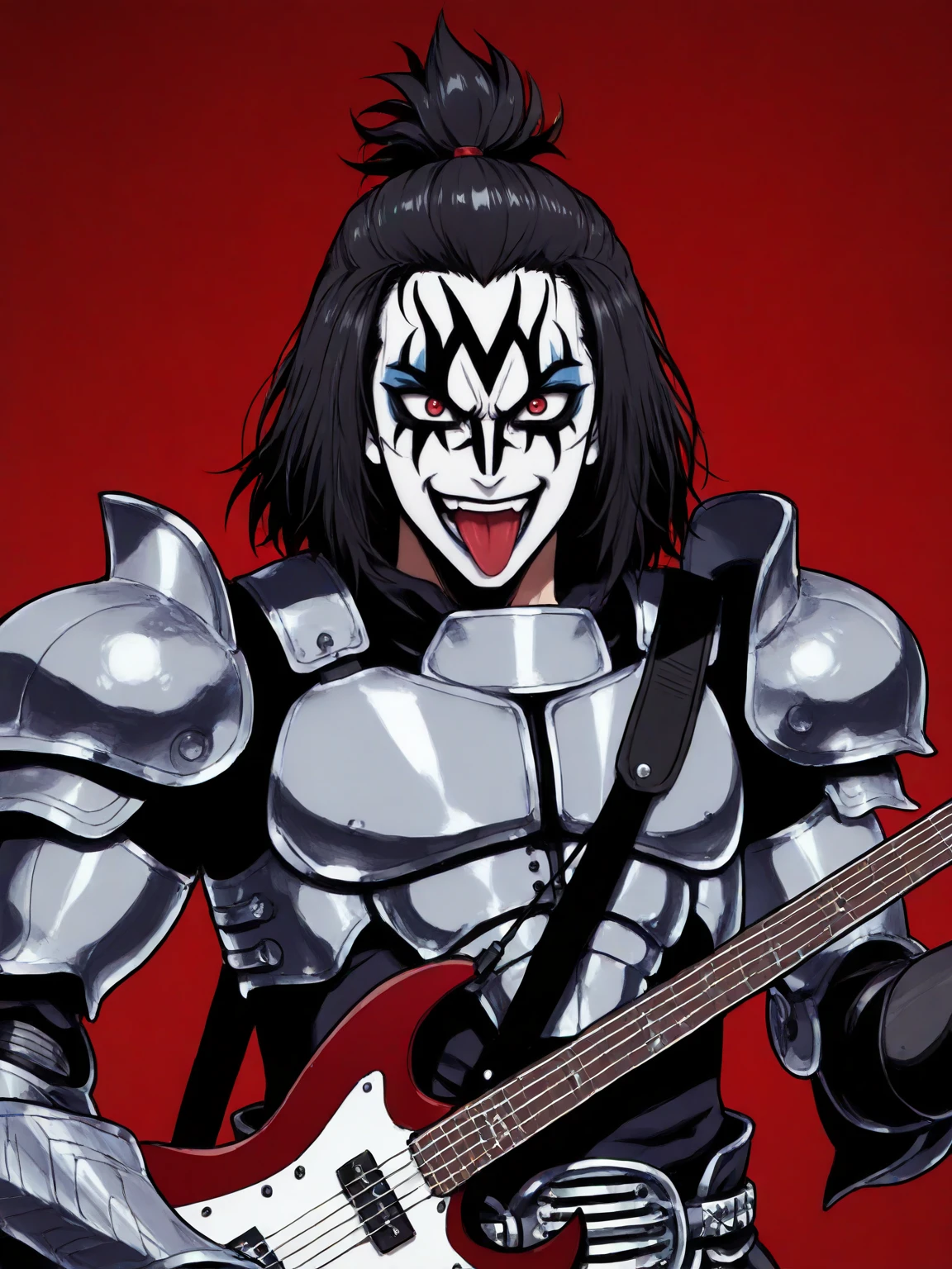 masterpiece, best quality,vector art,serious,
edgK1ZZ, solo, open mouth, black hair, red eyes, 1boy,  upper body, male focus, armor, electric guitar ,wearing edgK1ZZ_(facepaint, makeup, facial marks),tongue out,smile,
 <lora:edgIWMFLYILS:0.9>