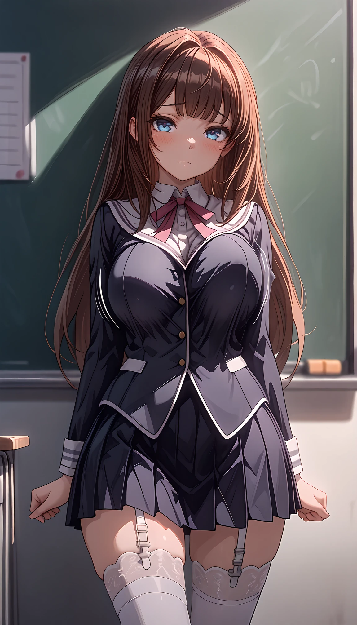 masterpiece,best quality,amazing quality, <lora:IL_Between_pencils_and_semi-realism_Style:1> stbedap,  depth of field, (solo:1.2), 1girl,  <lora:Charlotte_Futsuma_Shoujo:0.9> enchal, scuni, brown hair, blue eyes, school uniform, white garter straps, white thighhighs, bouncing breasts, aroused, safe, looking at viewer, chalkboard,