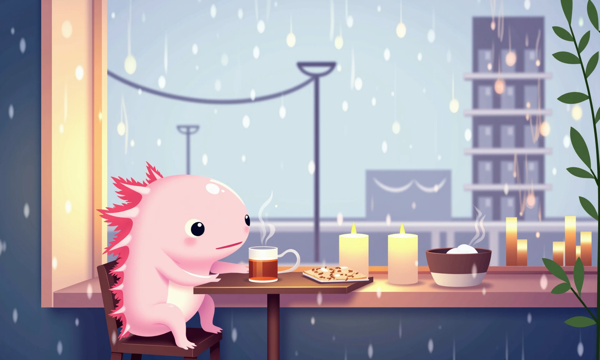 vector illustration, simple vector art of axolotls, side view of a pink axolotl in a cozy cafÃ© on a snowy evening, seated at a small wooden table by a frosted window and holding a steaming mug of peppermint tea; its frilly gills are tucked in cozily, and its round black eyes are serene as it gazes out at the softly falling snow; candles, a small plate of cookies, and garlands decorate the table, while the tilt-shift effect blurs the background of softly glowing string lights, enhancing the peaceful, wintery warmth of the cafÃ©<lora:simple_vector_illustration_FLUX.safetensors:1.3:1.3> <lora:Axomodel_Flux_V2.safetensors:0.75:0.75>