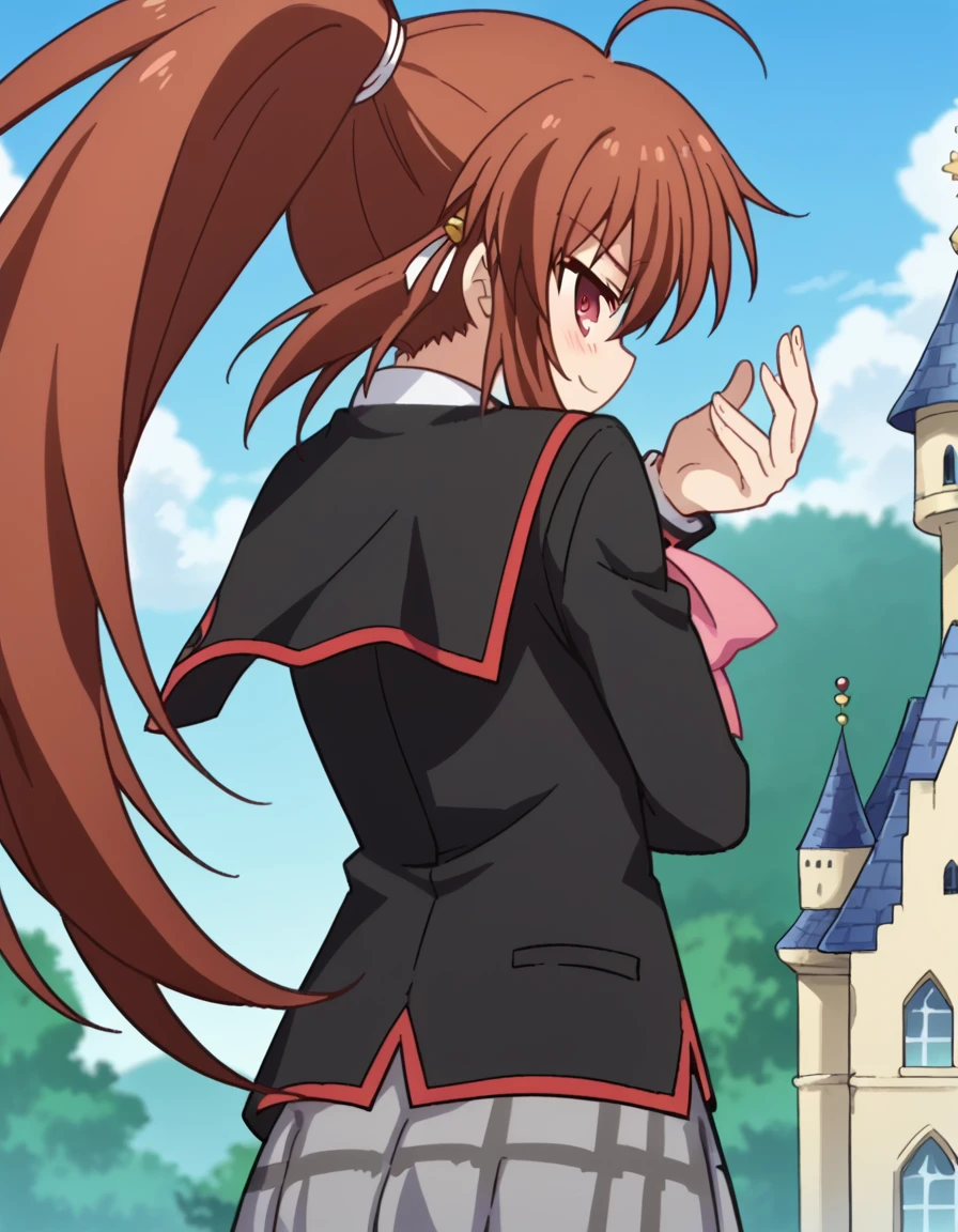 score_9, score_8_up, score_7_up, source_anime, <lora:rin-natsume-s2-ponyxl-lora-nochekaiser:1>, rin natsume, long hair, brown hair, red eyes, ponytail, sidelocks, ahoge, anime screencap, skirt, bow, school uniform, pink bow, blazer, black blazer, red trim, long sleeves, grey skirt, plaid skirt, pleated skirt,, floating castle, sky, magical, clouds, fantasy, , <lora:dio-brandos-pose-ponyxl-lora-nochekaiser:1>, dio brandos pose, dio brando's pose (jojo), back, ass, from behind, jojo pose, standing, blush, smile, bed room,, looking at viewer, solo,, dutch angle, cowboy shot