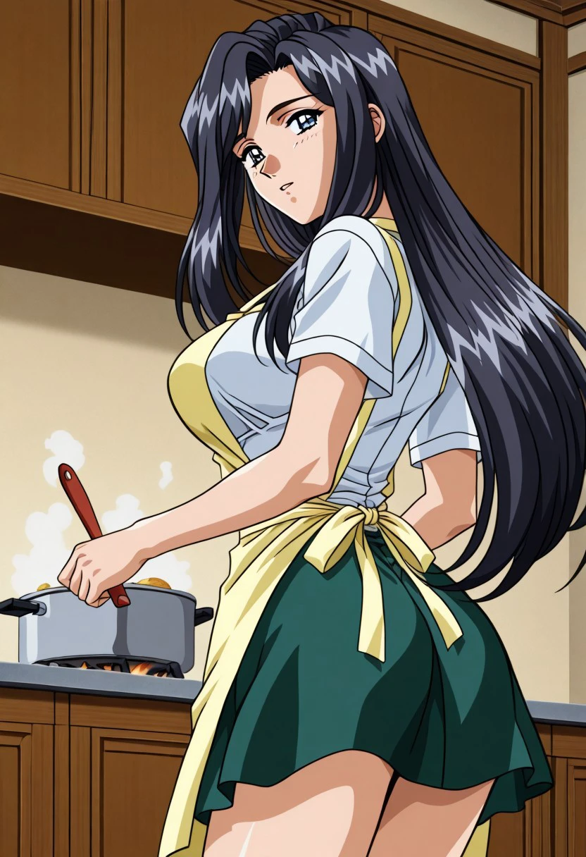 masterpiece, best quality, newest, highres, uncensored, 1girl, yokota mamoru style,1girl,
Nami Koihime OVA, long hair, black hair, forehead,blue eyes, large breasts, 1990s (style)
1girl, solo, long hair, nake apron, black hair, cooking, from behind, skirt, kitchen, indoors, short sleeves, food, green skirt