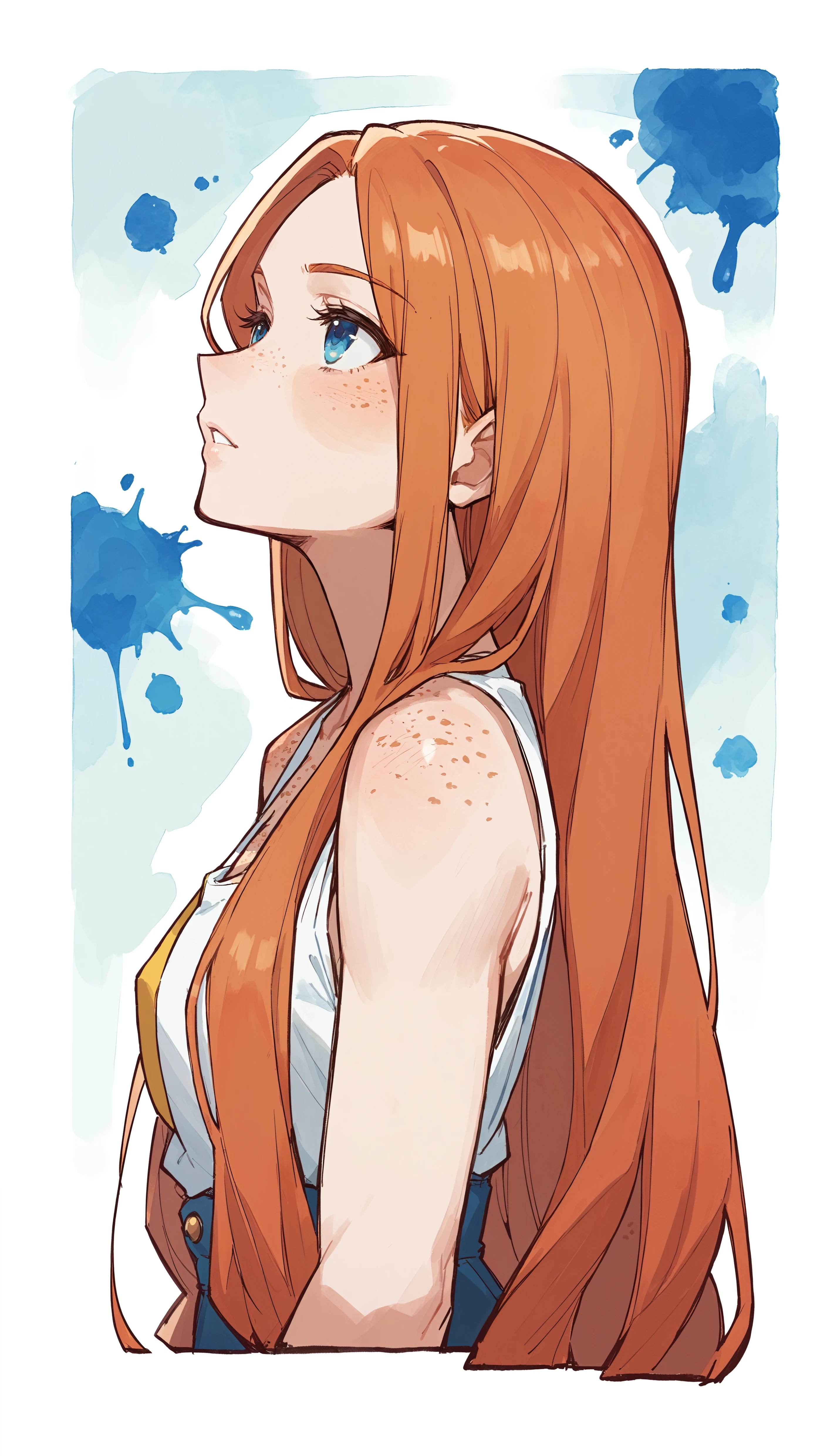 score_9,score_8_up,score_7_up,score_6_up, source_anime, girl, <lora:NariTesh_epoch_15:0.8>, NariTesh, Watercolor, Very long ginger hair, straight hair, parted bangs, freckles, chest freckles, blue eyes, pale skin, posing, abstract background, paint splatter, side view, lifting up own hair, looking up, parted lips, upper body, petite,