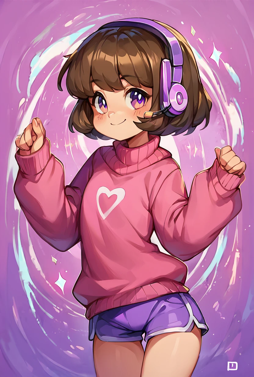 score_9, score_8_up, score_7_up,,  good quality ,, character focus, solo, , best quality , detailed background,  <lora:melodii-03:1> melodii, brown hair, 1girl, short hair, purple headphones, pink sweater, long sleeves, purple shorts