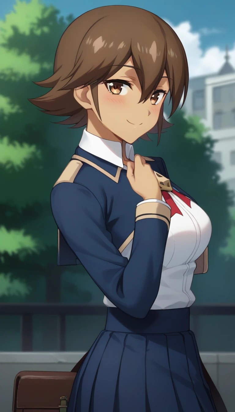 score_9,score_8_up,masterpiece,best quality,correct anatomy,anime_source,1girl,solo,perfect eyes,perfect arms,perfect legs,perfect face,outdoors,upper body,(portrait:1.5),looking at viewer,facing viewer,smile,blush,Yessica,dark-skinned female,short hair,brown hair,sidelocks,hair between eyes,parted bangs,brown eyes,school uniform,choker,blue jacket,cropped jacket,open jacket,red ribbon,turtleneck shirt,white shirt,medium breasts,skindentation,breasts out,long sleeves,miniskirt,blue skirt,pleated skirt,black socks,loafers,<lora:Yessica(ek)-Pony:1.6>,