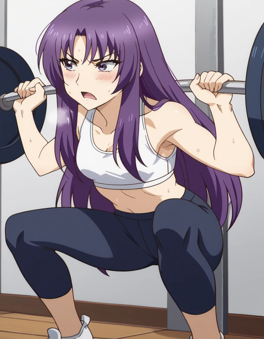 score_9, score_8_up, score_7_up, source_anime, <lora:chitose-karasuyama-s1-ponyxl-lora-nochekaiser:1>, chitose karasuyama, long hair, purple eyes, purple hair, sidelocks, parted bangs, mature female, small breasts, anime screencap, <lora:weighted-squats-ponyxl-lora-nochekaiser:1>, weighted squats, squat (exercise), exercising, squatting, weightlifting, barbell,, yoga pants, sports bra, steam, open mouth, sweat, blush, gym,, cowboy shot,, , dutch angle, cowboy shot