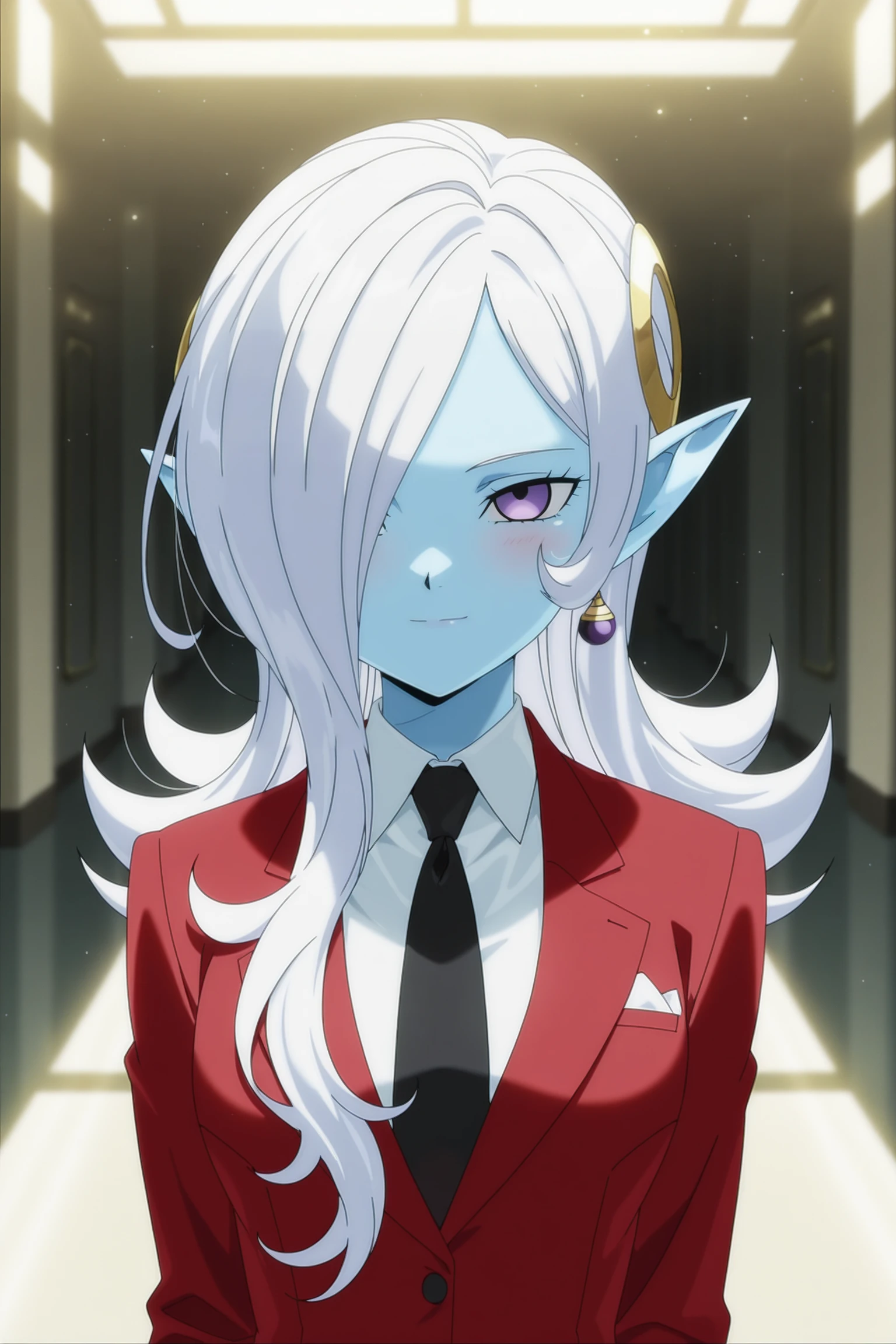 anime screencap, masterpiece, best quality, amazing quality, very aesthetic, absurdres,  newest, (scenery, volumetric lighting),
official style, towa, hair ornament, long hair, white hair, hair over one eye, blue skin, colored skin, pointy ears, formal suit, necktie, collared shirt, upper body, dappled sunlight, light particles, purple eyes, red suit
 <lora:Towa_IL:0.8>