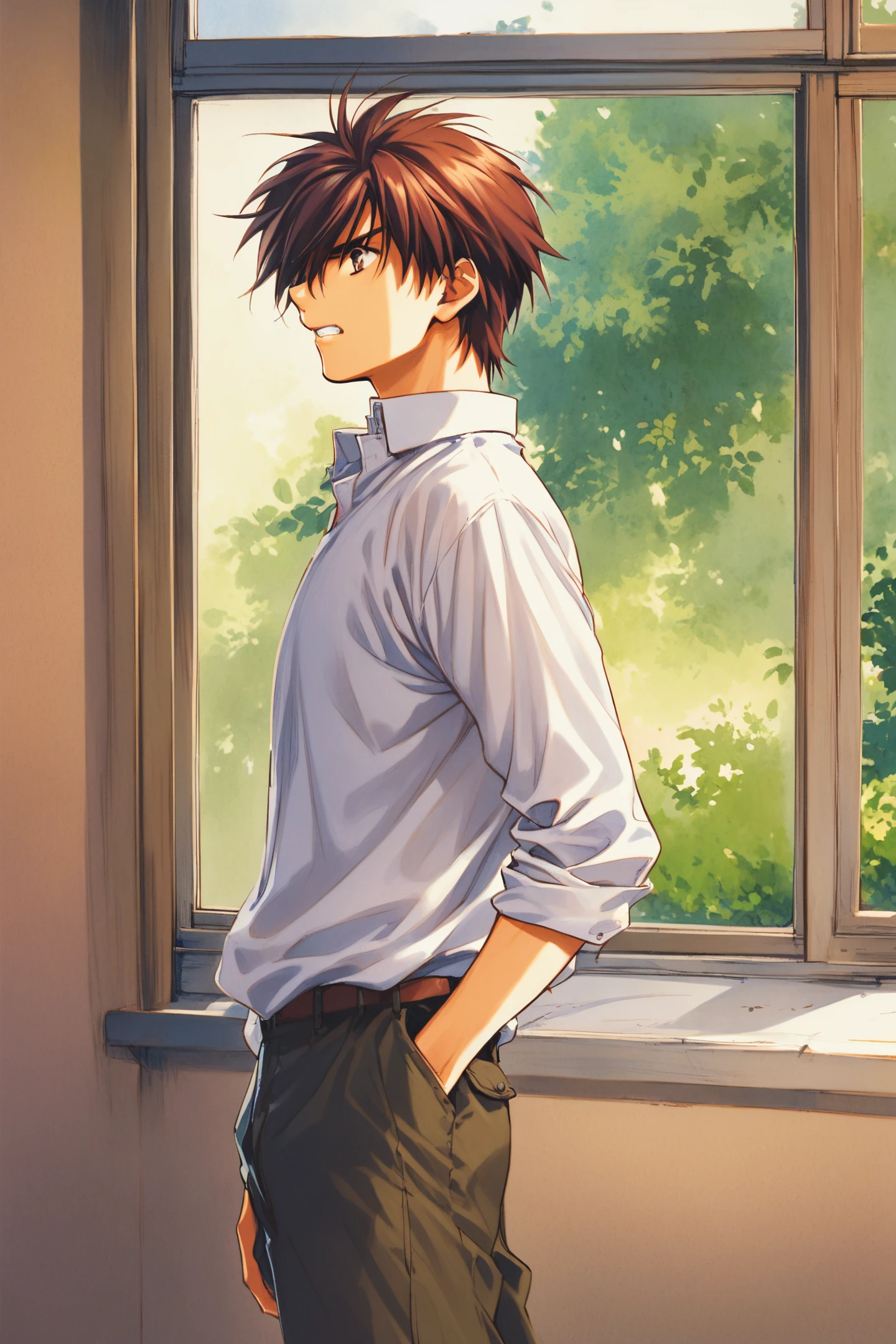 Sousuke Sagara,male focus,solo,1boy,shirt,brown hair,white shirt,pants,long sleeves,teeth,window,clenched teeth,brown eyes,hair over one eye,profile,short hair,hand in pocket,day,traditional media,
<lora:Shiki Doji_XL_V1.1:0.8>,