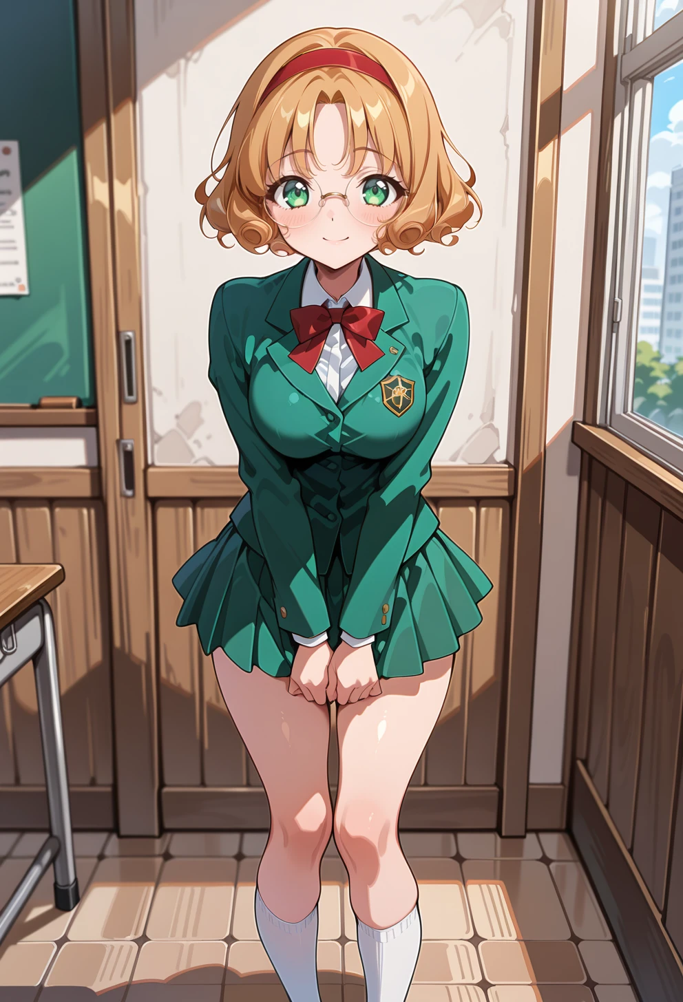 masterpiece, best quality, high quality, anime, solo,  <lora:AEFuuillx:1>
AEFuuDef, green eyes, curly hair, parted bangs, short hair, glasses, rimless eyewear, round eyewear, red hairband, school uniform, green jacket, blazer, long sleeves, collared shirt, white shirt, red bowtie, green skirt, miniskirt, pleated skirt, white socks, kneehighs, brown footwear, loafers,
standing, smile, v arms,