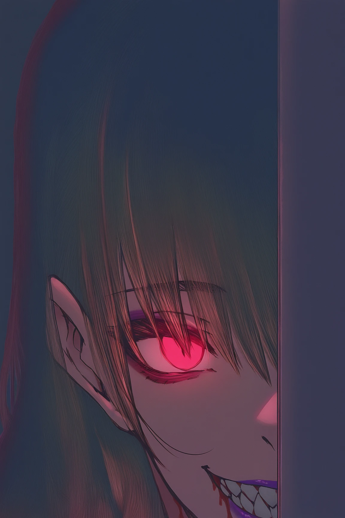 masterpiece,best quality,amazing quality,very aesthetic,absurdres,newest,impactful picture,
nanami \(doa\),1girl,solo,peeking out,upper_body,eyeliner,eyeshadow,wearing black veil,hair out of frame,blowing hair,red glowing eyes,purple lips,evil_grin,sharp_teeth,blood_on_teeth,vampire teeth,high_contrast,dark,blacklight,backlighting, 
(artist:betabeet)
 <lora:doa_nanami_noobXL_vpre09r_v10:2.0>