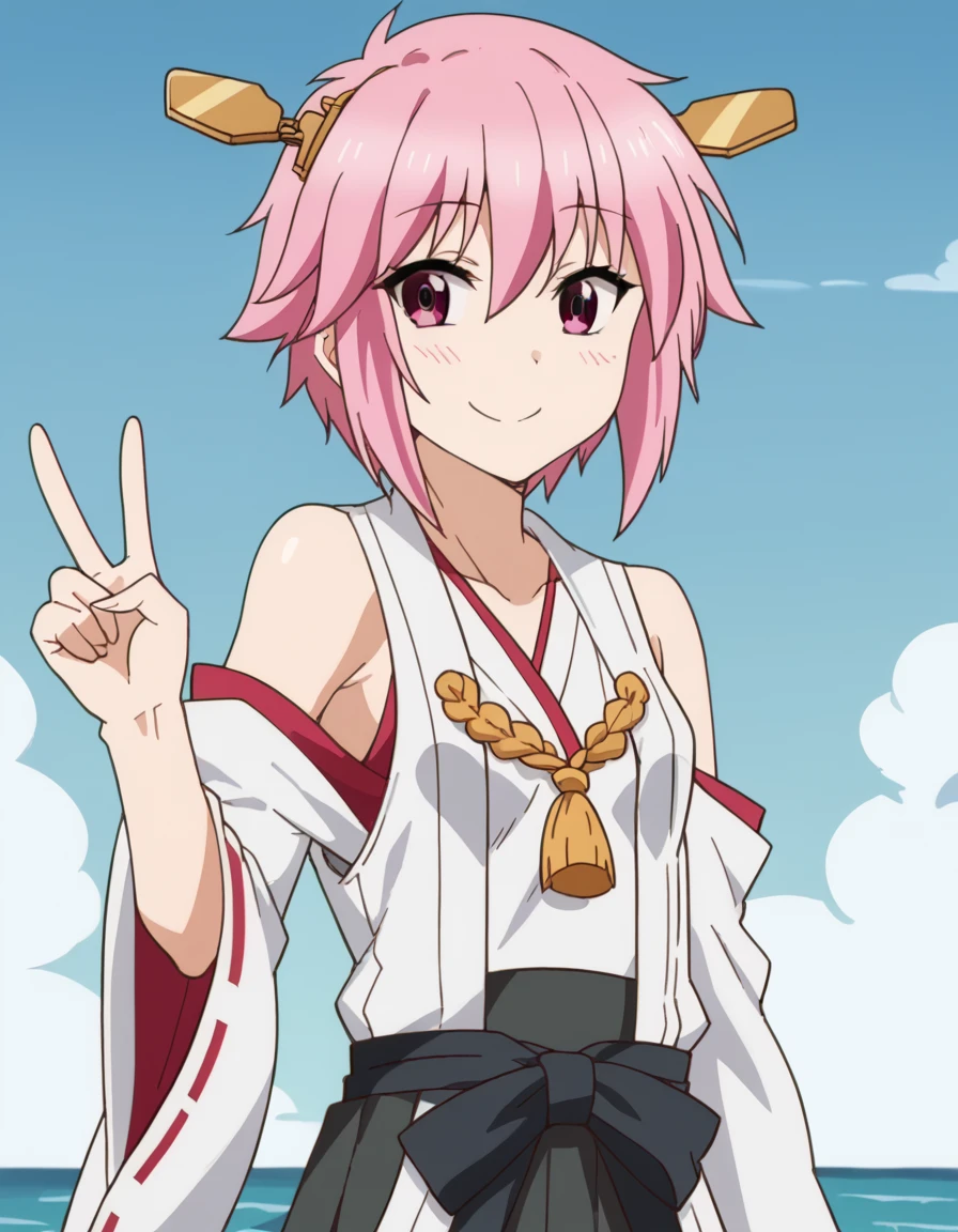 score_9, score_8_up, score_7_up, source_anime, <lora:sakura-mizukami-s1-ponyxl-lora-nochekaiser:1>, sakura mizukami, short hair, pink hair, sidelocks, short hair with long locks, pink eyes, mature female, small breasts, anime screencap, <lora:kancolle-kongou-cosplay-ponyxl-lora-nochekaiser:1>, kancolle kongou cosplay, kongou (kancolle) (cosplay), kongou pose, nontradional miko, cosplay, ribbon-trimmed sleeves, ribbon trim, bare shoulders, headgear,, ocean, smile, blush, blue sky, v, cowboy shot, looking at viewer,, , dutch angle, cowboy shot