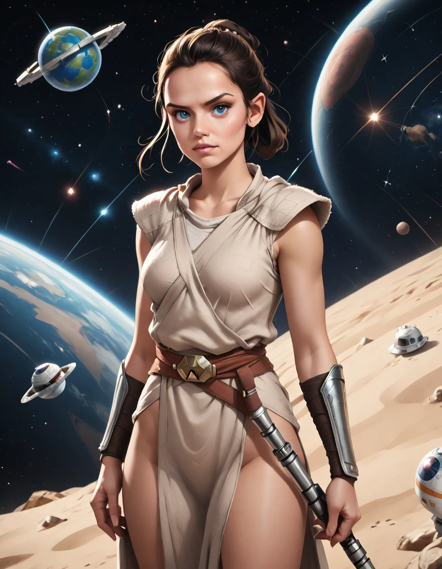 score_9, score_8_up, score_7_up, source_anime, rating_safe, best background, detailed background, solo, (Rey (Star Wars):1.2), helmet, armor, space, planet, soft glow, intricate details, 8k.,