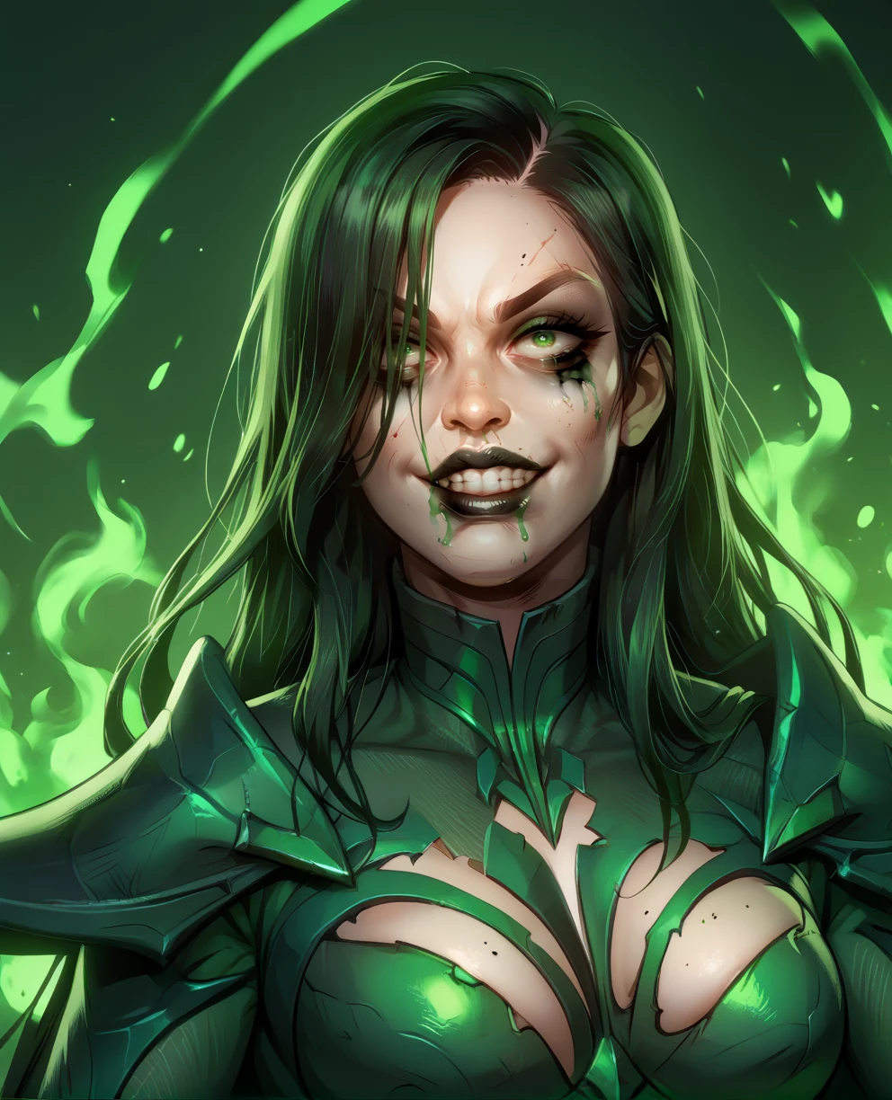 score_9,score_8_up,score_7_up,score_6_up,score_5_up,score_4_up,
helamr,green eyes,makeup,black lips,long hair,bangs,messy makeup,hair over one eye,
green bodysuit,armor,shoulder pads,black cape,
evil grin,hips,upper body,
rerto background,green fire,
<lora:helaMR:0.9>,