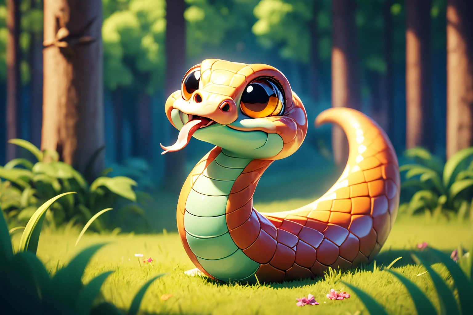 <lora:AgainSnake:0.6>, no humans, snake, smile, cute snake, big brown eyes, forked tongue, solo, tongue out, red tongue, scales, tail, full body, forest, tree, dirt, grass