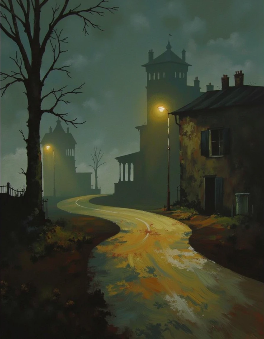 A modern abstract oil painting by Bruce Holwerda depicting a misty, atmospheric street scene at night. The image is dominated by a narrow, winding road that curves gently to the right, disappearing into the fog. The road is wet, with a glistening texture suggesting recent rainfall. On the left side of the road, a tall, leafless tree stands bare against the dark, foggy sky. To the right, another tree, also leafless, is visible. The background features an old, dilapidated building with a pitched roof and multiple chimneys, partially obscured by the fog. The building's walls are rough and weathered, indicative of age.
The streetlights on either side of the road emit a warm, yellowish-orange glow, contrasting sharply with the cool, muted tones of the fog and the dark, almost black, shadows. The lights cast long, soft shadows on the ground, enhancing the eerie, almost ghostly atmosphere. The overall color palette is dominated by greens, greys, and blacks, with occasional bursts of warm yellow from the streetlights. The image exudes a sense of solitude and melancholy, with a hint of mystery and the passage of time.
loose brushwork, vibrant color, light and shadow play, captures feeling over form. <lora:Bruce_Holwerda:0.85>