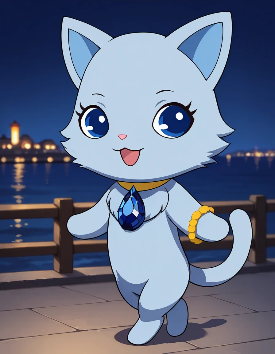 best quality, masterpiece, realistic, female, furry, solo, jplapis, female, cat, chibi, feral, 3 toes, blue body, light blue inner ears, blue gem, yellow choker, chest fur, blue tail, yellow bracelet around an arm, blue eyes, (looking aside), looking at viewer, open mouth, smile, walking, detailed background, depth of field, night, harbor, sea, beacon  <lora:jp_Lapis_Illustrious:1>