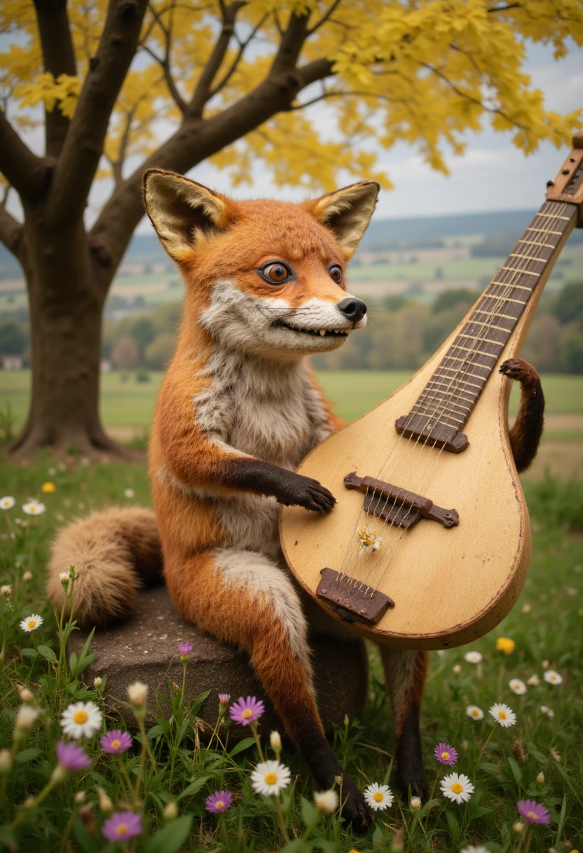 5tuff3d 4n1m4l taxidermy, A fox playing a harp under a tree in a serene meadow, with flowers blooming all around it.