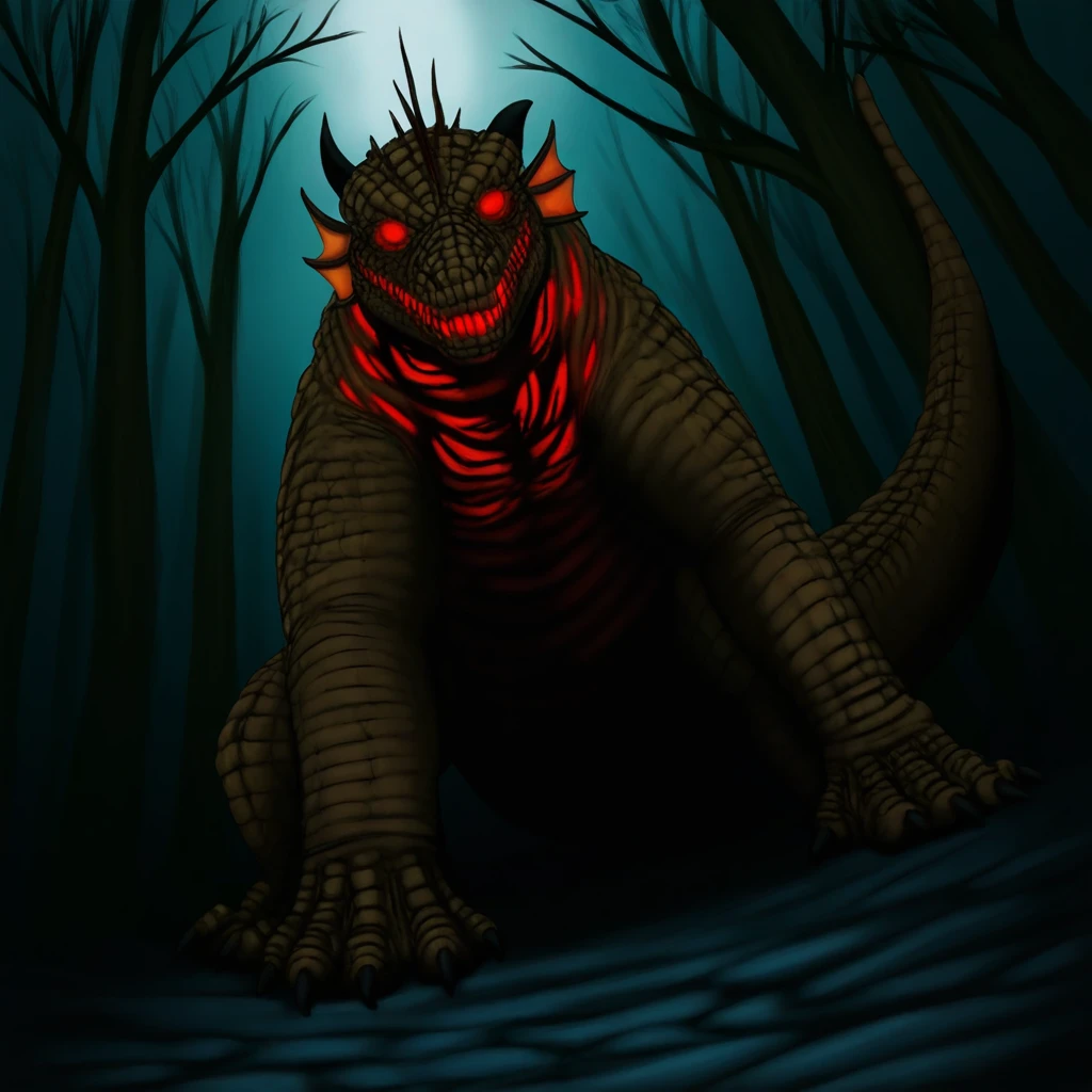 Horror-themed <lora:Basilisk-illustrious:1> basx, solo, 1 basilisk creature, komodo dragon-like creature, and a big crest on its head, long tail, obsidian scales, glowing red eyes, dense forest, silver moonlight, misty atmosphere, towering trees, chiaroscuro lighting, wide-angle perspective, eerie fantasy mood, ethereal glow . Eerie, unsettling, dark, spooky, suspenseful, grim, highly detailed