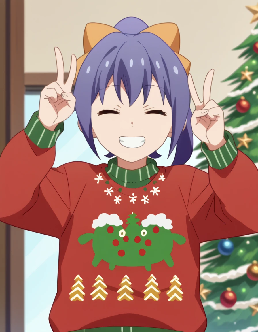 score_9, score_8_up, score_7_up, source_anime, <lora:ayane-matsuura-s1-ponyxl-lora-nochekaiser:1>, ayane matsuura, bow, green eyes, ponytail, purple hair, hair bow, anime screencap, <lora:christmas-sweater-ponyxl-lora-nochekaiser:1>, christmas sweater, christmas, ugly sweater, print sweater, red sweater, christmas tree, christmas ornaments, sweater, multicolored sweater, , v, smile, hands up, teeth, closed eyes, cowboy shot,, , dutch angle, cowboy shot