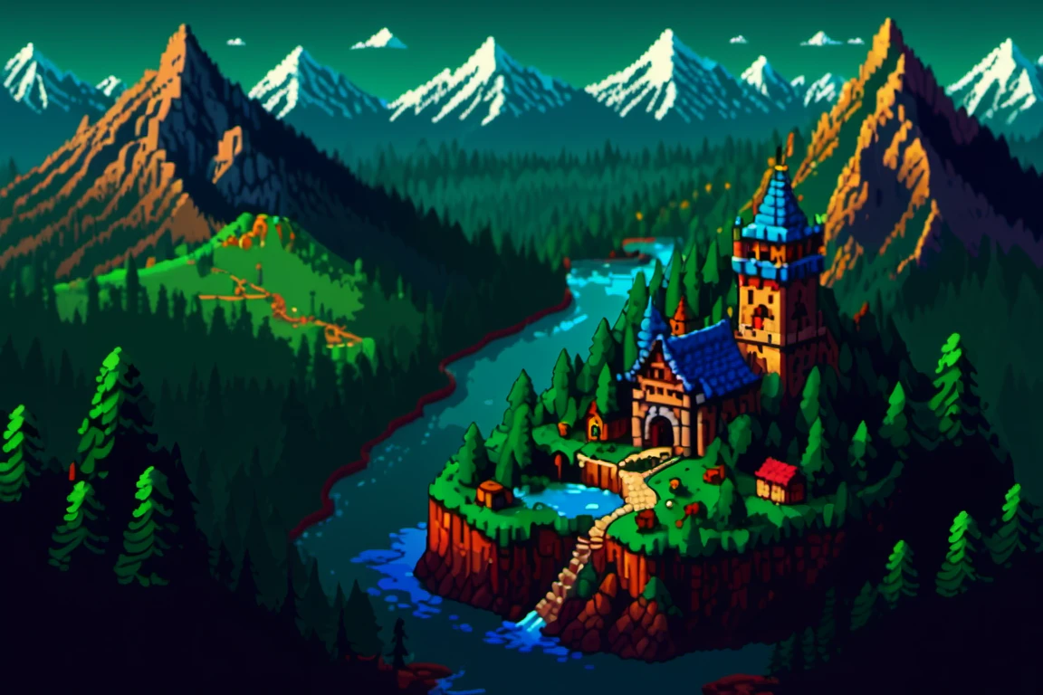 "8-bit pixel art overworld map, winding rivers, snowy mountains, dense green forests, pixelated castles, small villages with tiny moving NPCs, retro vibrant color palette, classic RPG map style, pixel-perfect design."