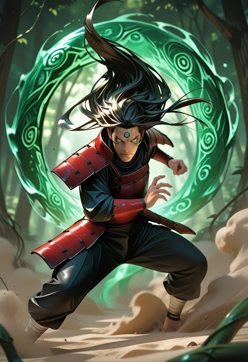 masterpiece, best quality, vibrant, very aesthetic, high contrast, photorealistic, 1boy, <lora:Hashirama_Senju_ILLU:0.8> hsrm_sage, facial mark, long hair, floating hair, fighting stance, japanese armor, nature magic, element bending, dust aura, floating rocks, sand aura, vines, geomancy, , masterwork, raytracing, highly detailed, absurdres, masterful composition, cinematic lighting, rim lighting