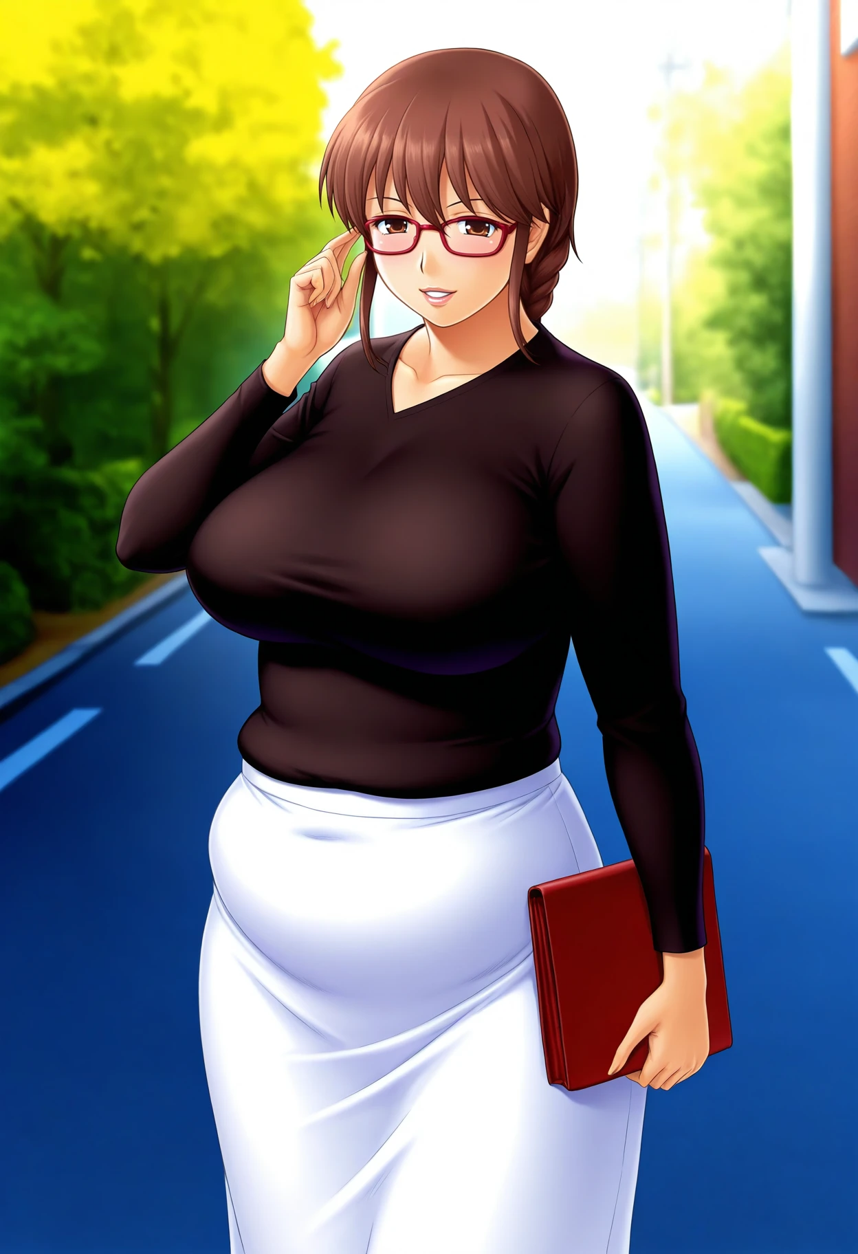 katagi_sizuko, 1girl, solo, smile, looking at viewer, (45yo), mature female, cowboy shot,  
brown hair, brown eyes, braid, sidelocks, parted lips, glasses, red-framed eyewear, large breasts, curvy, 
black long sleeves shirt, white long skirt, 
holding bag
BREAK outdoors, street, <lora:katagi_sizuko_IL:1>