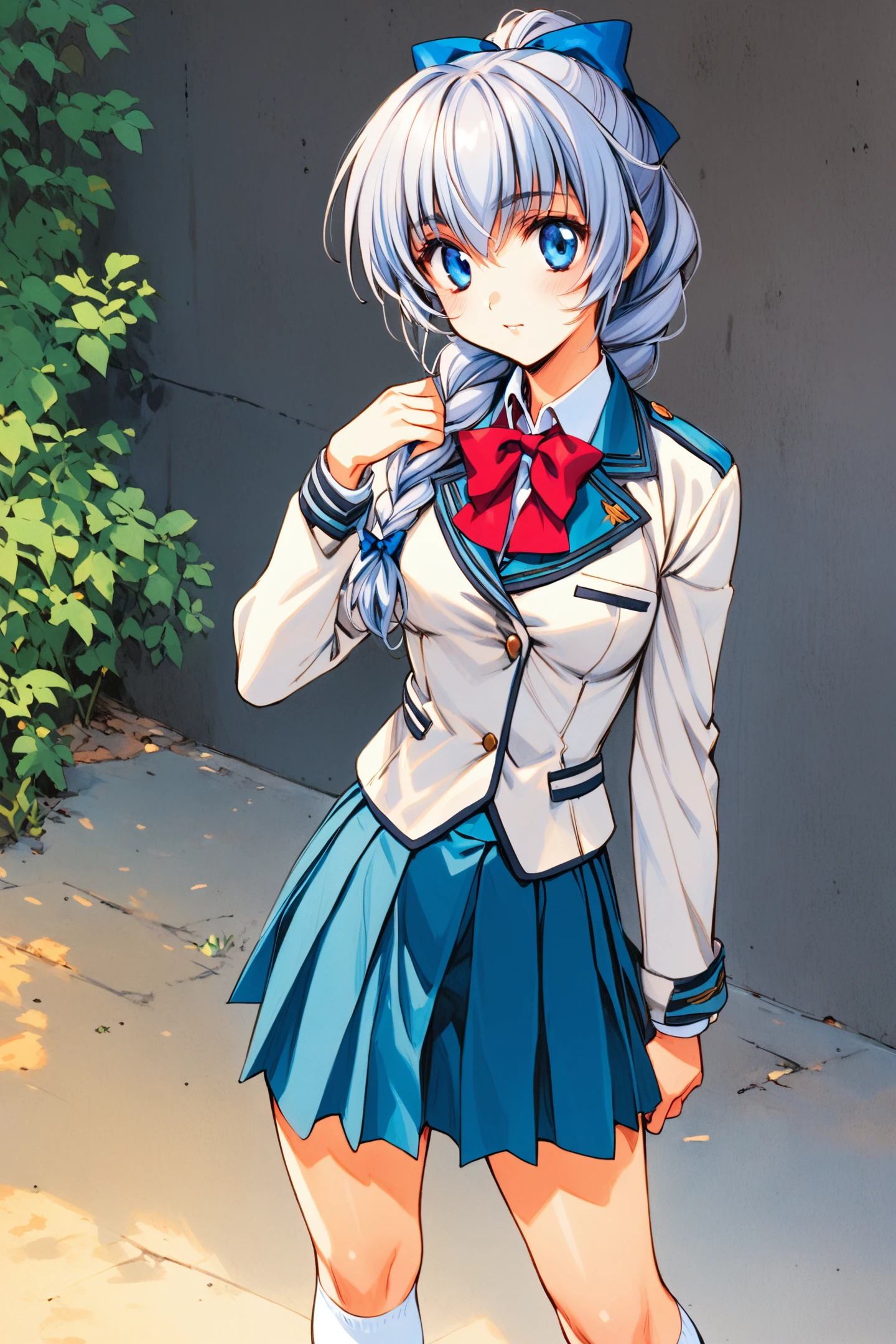 Teletha Testarossa,1girl,solo,telethaseifuku,grey hair,braid,hair bow,blue eyes,braided ponytail,single braid,hair over shoulder,school uniform,pleated skirt,teal skirt,white shirt,white jacket,red bow,blue hair bow,white socks,brown loafers,standing,traditional media,
<lora:Shiki Doji_XL_V1.1:0.8>,