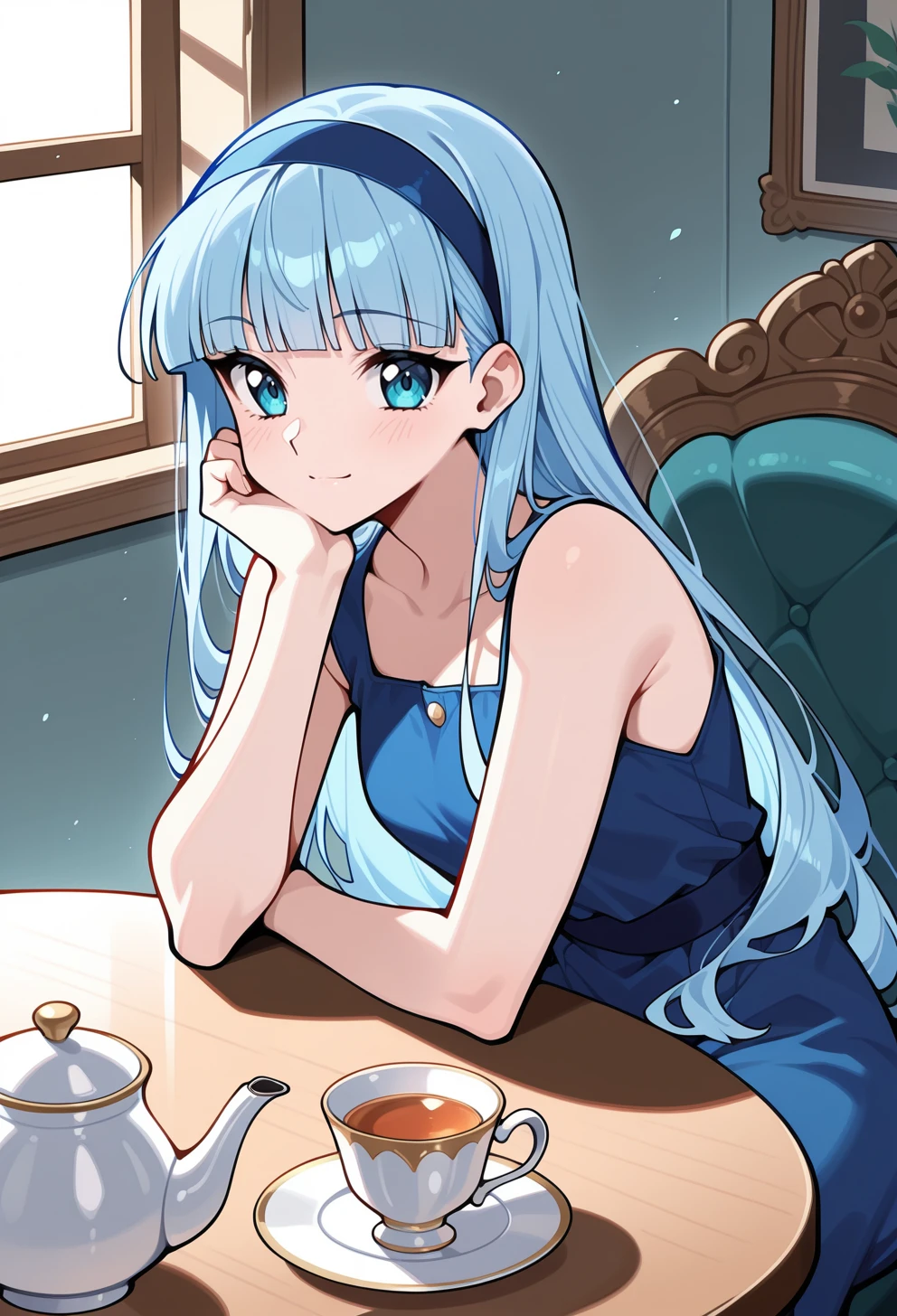 masterpiece, best quality, high quality, anime, solo, 
 <lora:AEUmiIlx:1>
AEUmiDef, blue eyes, blue hair, blunt bangs, long hair, blue hairband, 
 sleeveless dress, tea set, sitting, table, teacup, teapot, light smile,