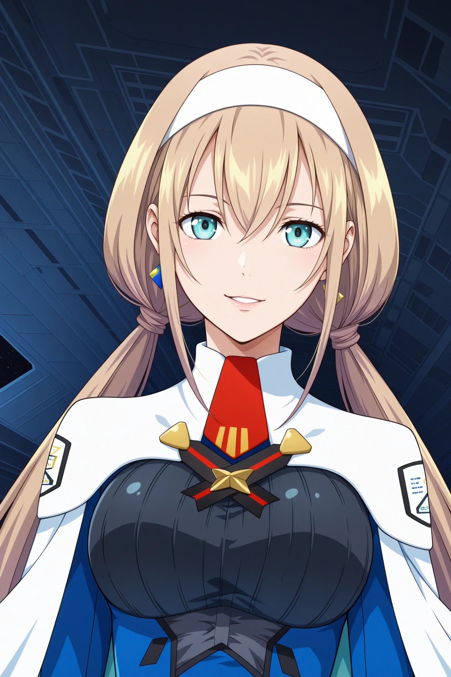 masterpiece, best quality, amazing quality, highres, absurdres, very aesthetic, high resolution, ultra detailed, perfect details, 1girl, solo, science fiction, space, spacecraft, indoors, medium breasts, mitsuba greyvalley, blonde hair, long hair, low twintails, white hairband, blue eyes, single earrings, military uniform, blue dress, long sleeves, white capelet, short necktie, framed breasts, black pantyhose, white footwear, boots, <lora:Mitsuba_Greyvalley_ILXL:0.8>, (aged up:1.5), (upper body:1.5), (pose:1.2), seductive smile, looking at viewer, (anime coloring:1.5), (anime screencap:1.5), parted lips