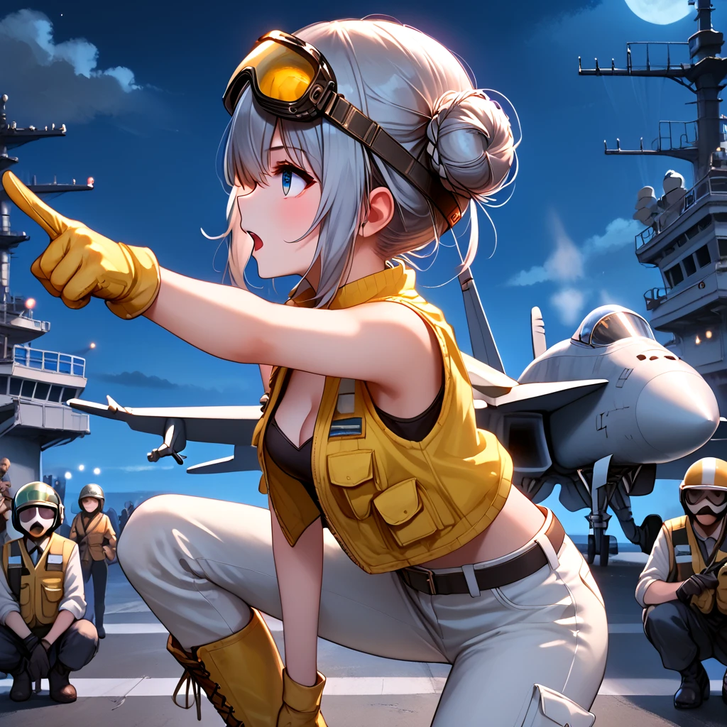 score_9, source_anime, aircraft carrier, catapult officer, pointing forward, pre-run, open legs, outstretched legs, spread legs, 1girl, grey hair, double bun, open mouth, cleavage, medium breasts, vest, pants, helmet, gloves, boots, leaning forward, goggles on head, night sky, night, dust, steam, crowd, wide shot, from side, profile, <lora:girllikeaircraftcarrier_pony:0.7>