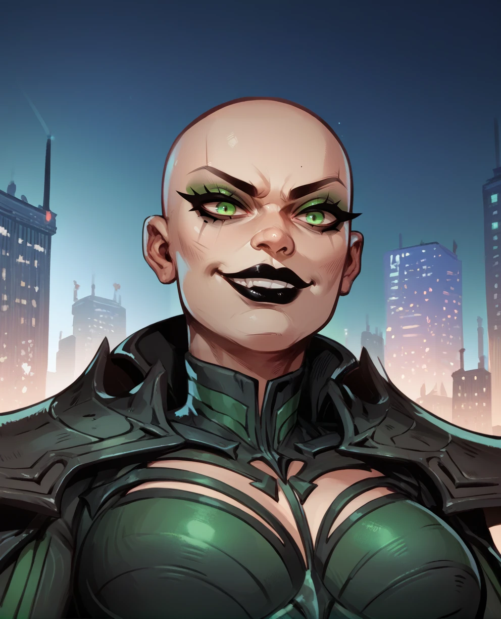 score_9,score_8_up,score_7_up,score_6_up,score_5_up,score_4_up,
helamr,green eyes,makeup,black lips,from below,bald,
green bodysuit,armor,shoulder pads,black cape,
evil grin,   upper body,   
night,city,<lora:helaMR:0.9>,