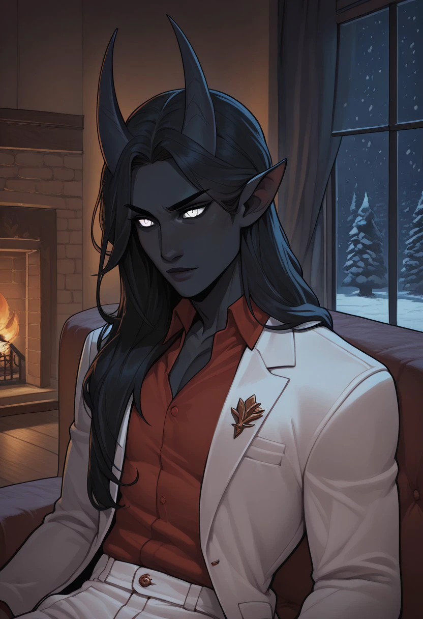 masterpiece, best quality, absurdres, frostbite, Erebus, pitch black skin, male, pure white eyes, large fin ear, straight back horns, long black hair, muscular and regal physique, white suit, white pants, red shirt, indoors, couch, fireplace, night, window, snow